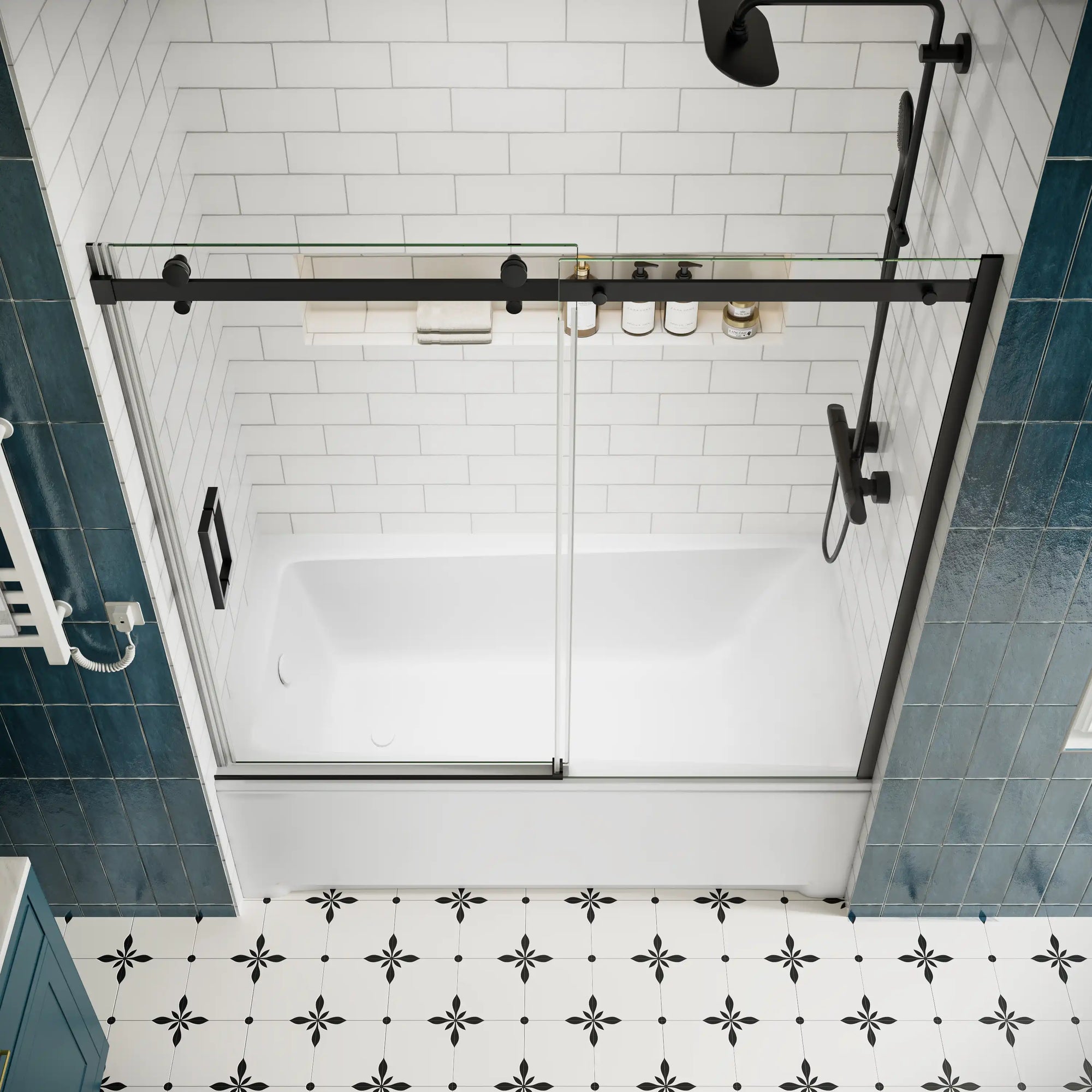 Matte black sliding bathtub door, frameless design, 60 x 58 inches, top view with tempered glass panels | Ace Decor
