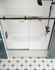 Matte black sliding bathtub door, frameless design, 60 x 58 inches, top view with tempered glass panels | Ace Decor
