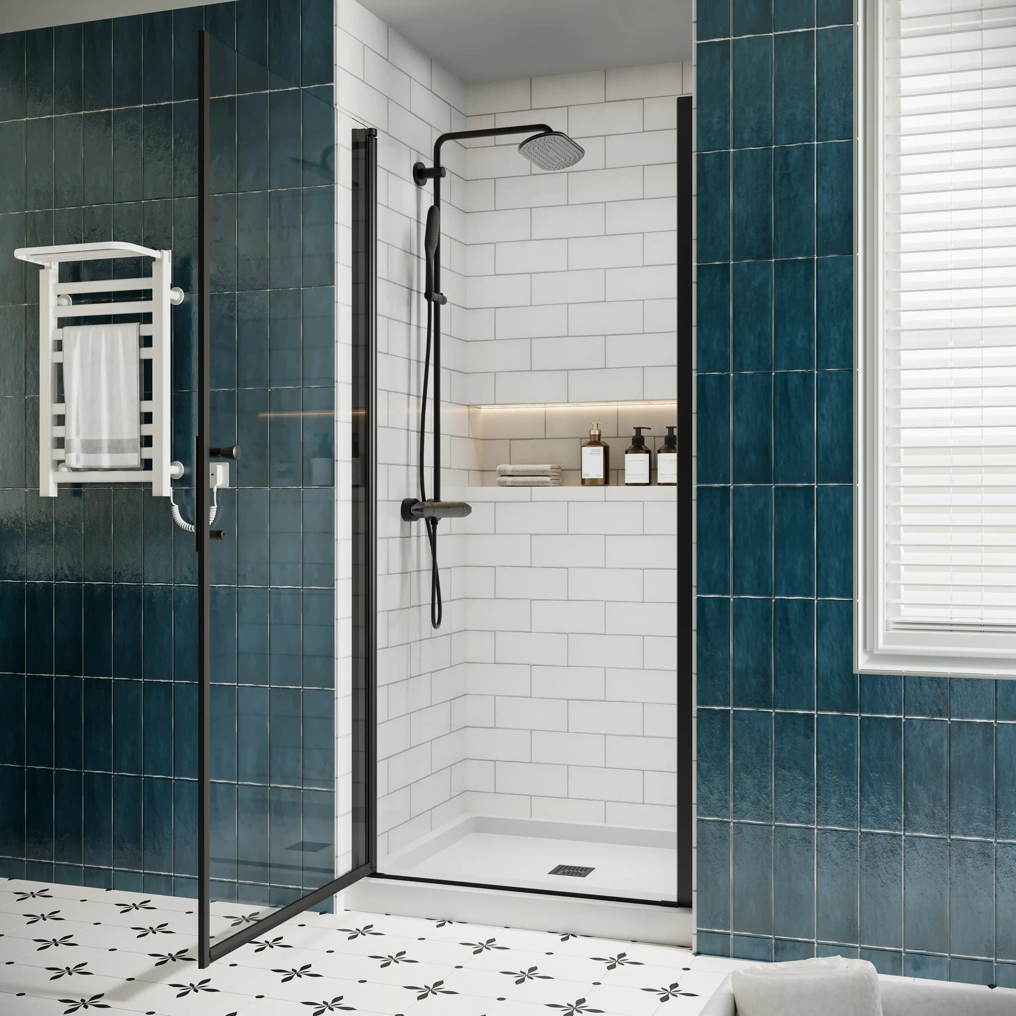 P103 Zerra Semi-Frameless Pivot Shower Door Open in a Modern Bathroom.