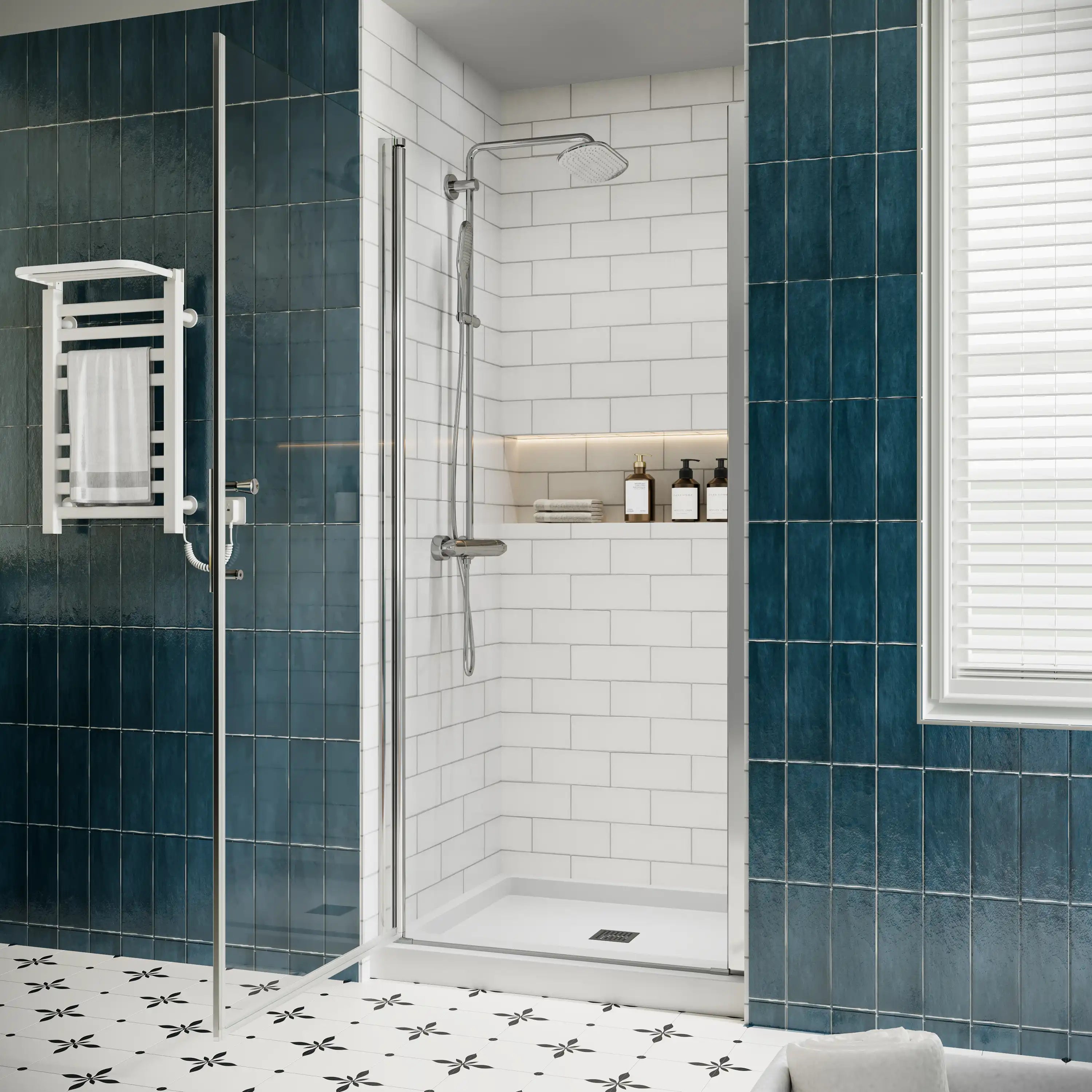 P103 Zerra Semi-Frameless Pivot Shower Door Closed in a Modern Bathroom.