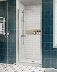 P103 Zerra Semi-Frameless Pivot Shower Door Closed in a Modern Bathroom.