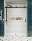 Front view of shower door sliding frameless, 60 x 74 inches, modern bathroom installation with matte black hardware | Ace Decor