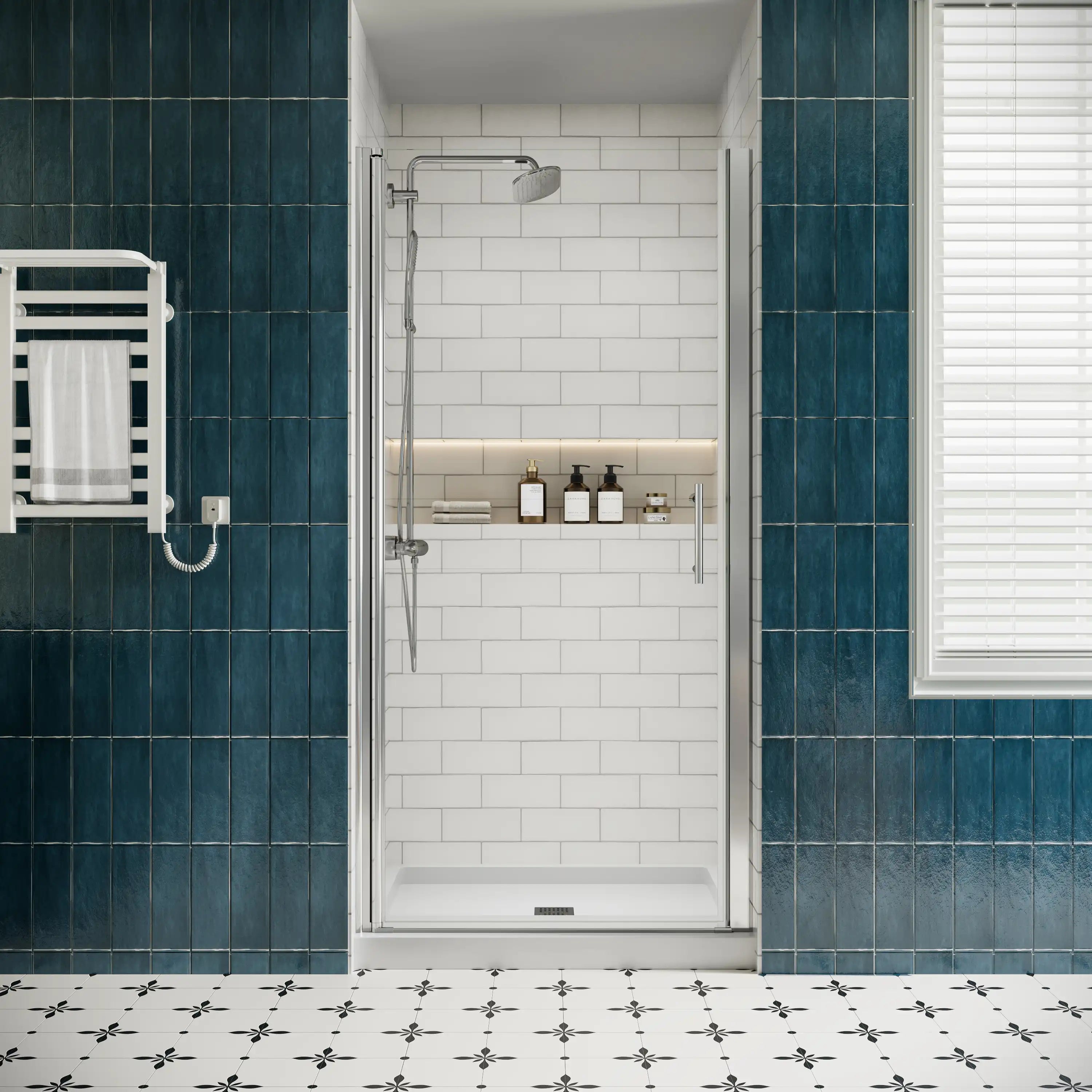 P103 Zerra Semi-Frameless Pivot Shower Door Closed in a Modern Bathroom.