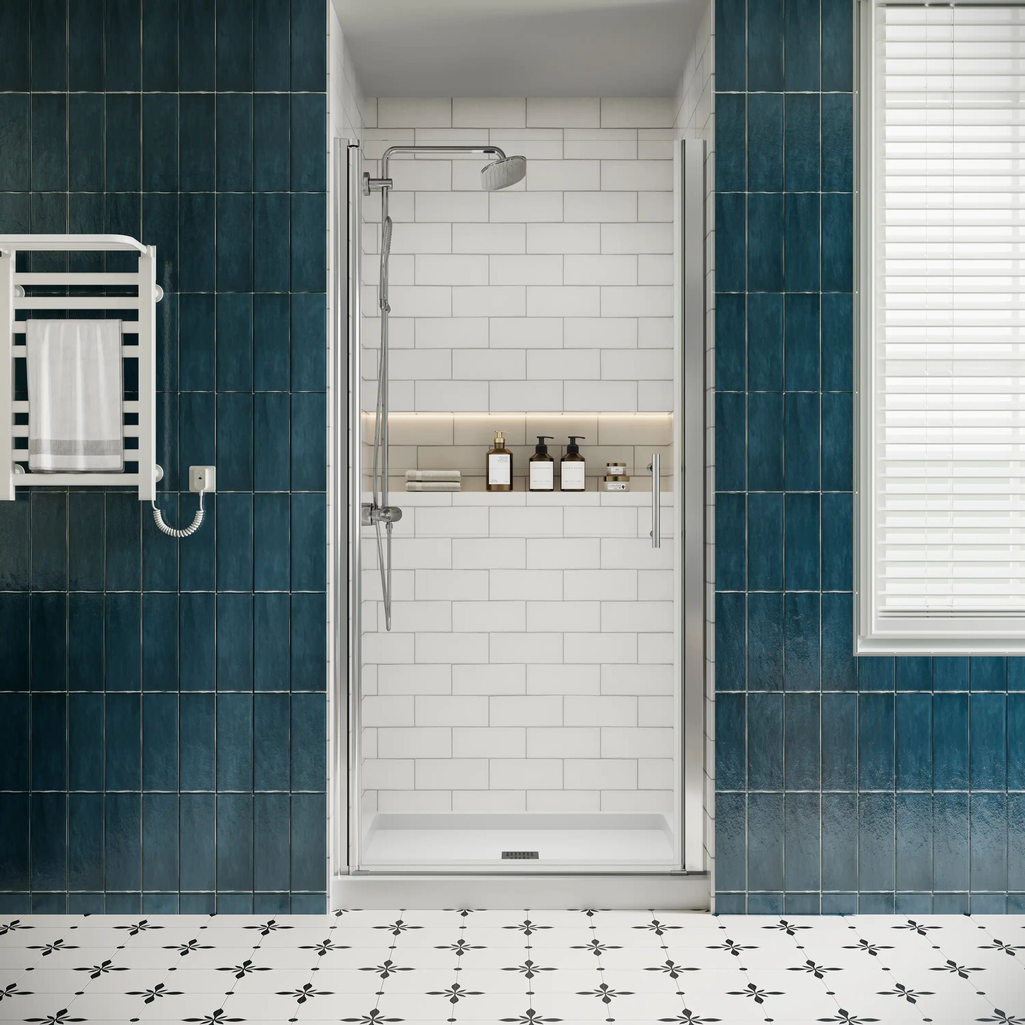 P103 Zerra Semi-Frameless Pivot Shower Door Closed in a Modern Bathroom.