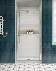 P103 Zerra Semi-Frameless Pivot Shower Door Closed in a Modern Bathroom.
