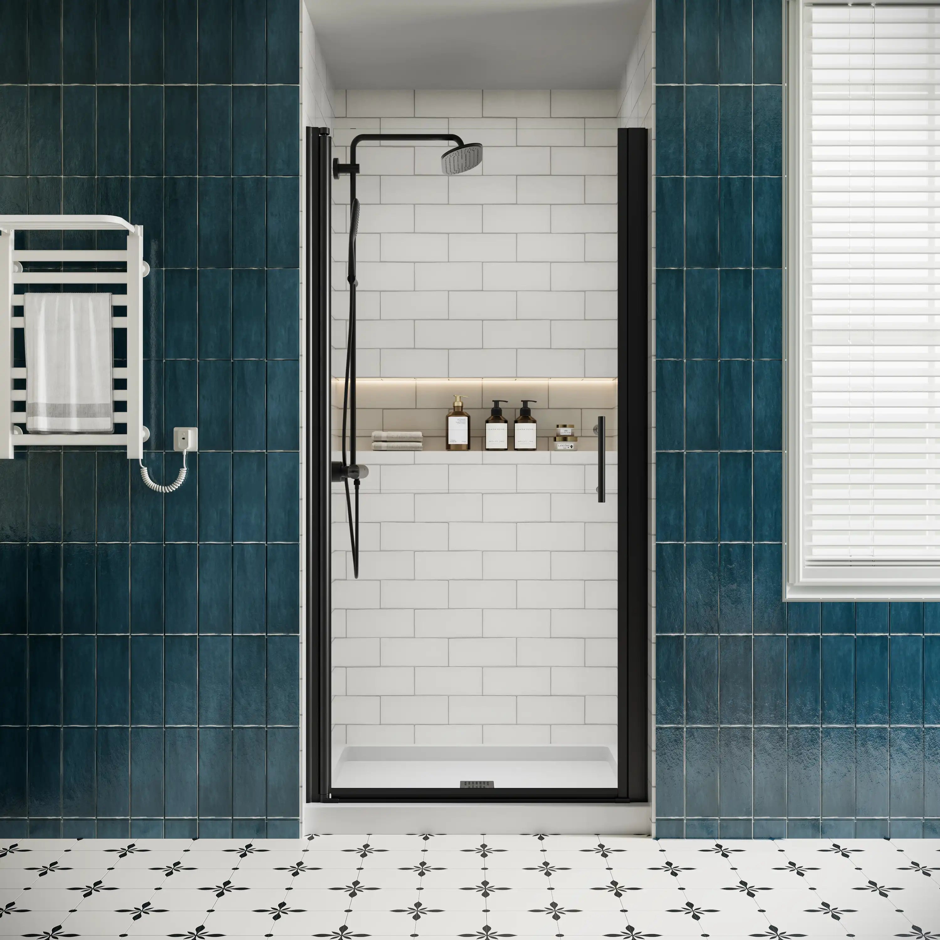 P103 Zerra Semi-Frameless Pivot Shower Door Closed in a Modern Bathroom.