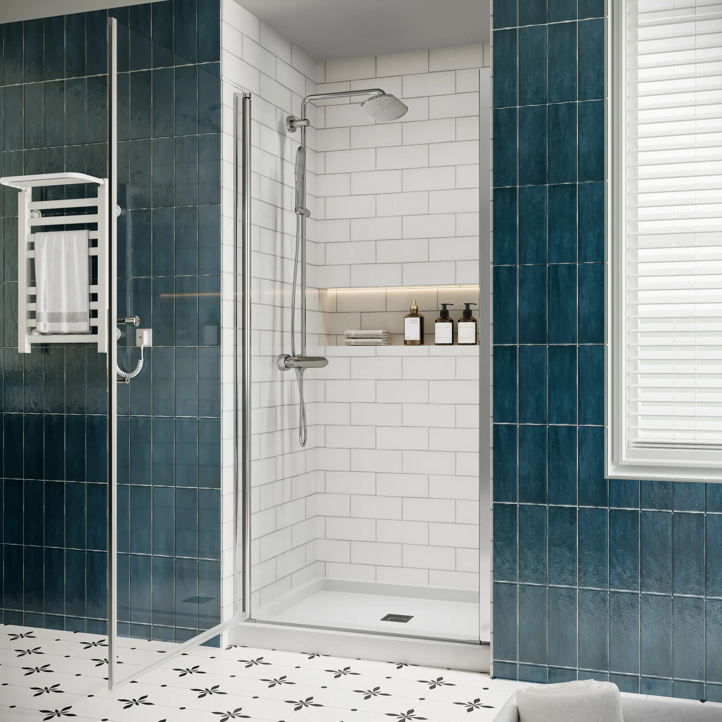 P103 Zerra Semi-Frameless Pivot Shower Door Closed in a Modern Bathroom.