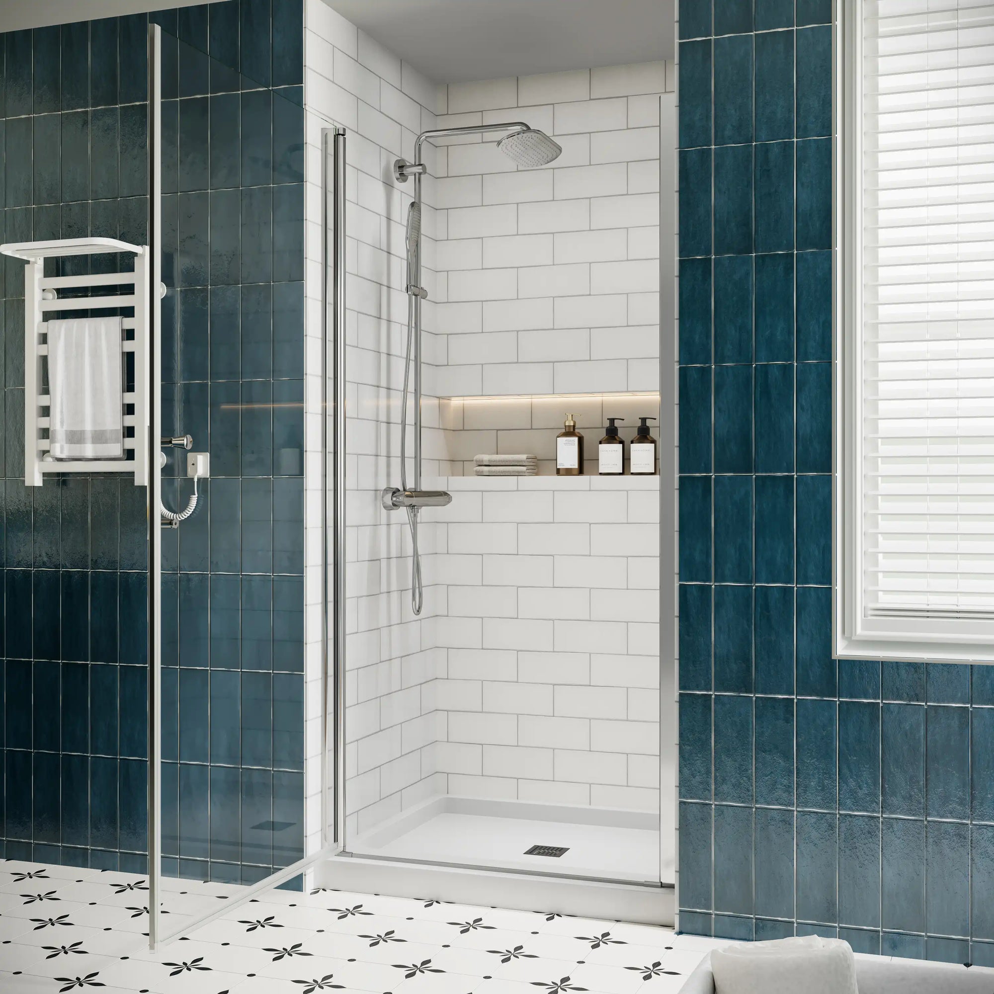 P103 Zerra Semi-Frameless Pivot Shower Door Closed in a Modern Bathroom.