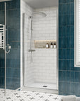 P103 Zerra Semi-Frameless Pivot Shower Door Closed in a Modern Bathroom.