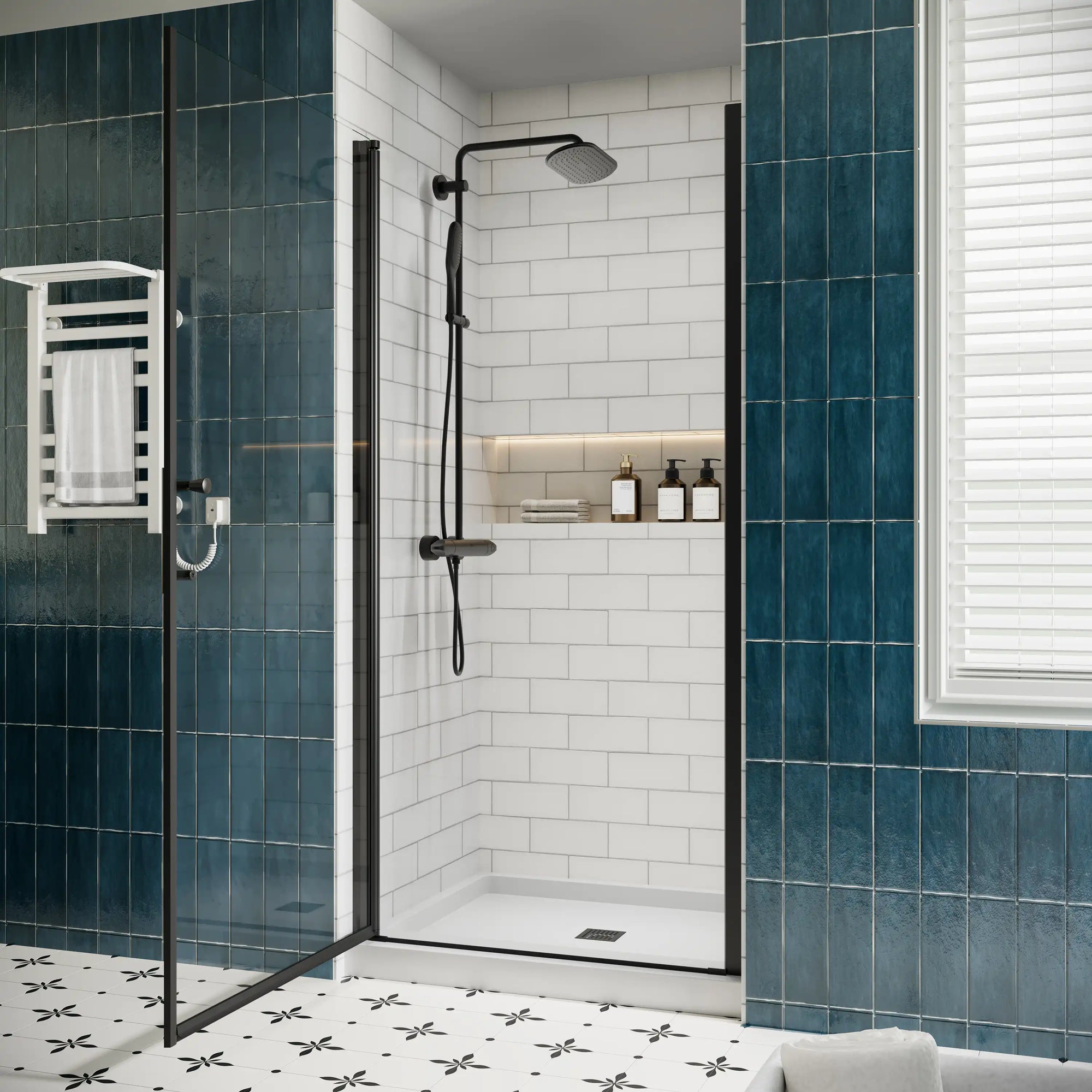 P103 Zerra Semi-Frameless Pivot Shower Door Closed in a Modern Bathroom.