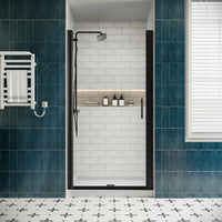 P103 Zerra Semi-Frameless Pivot Shower Door Closed in a Modern Bathroom.