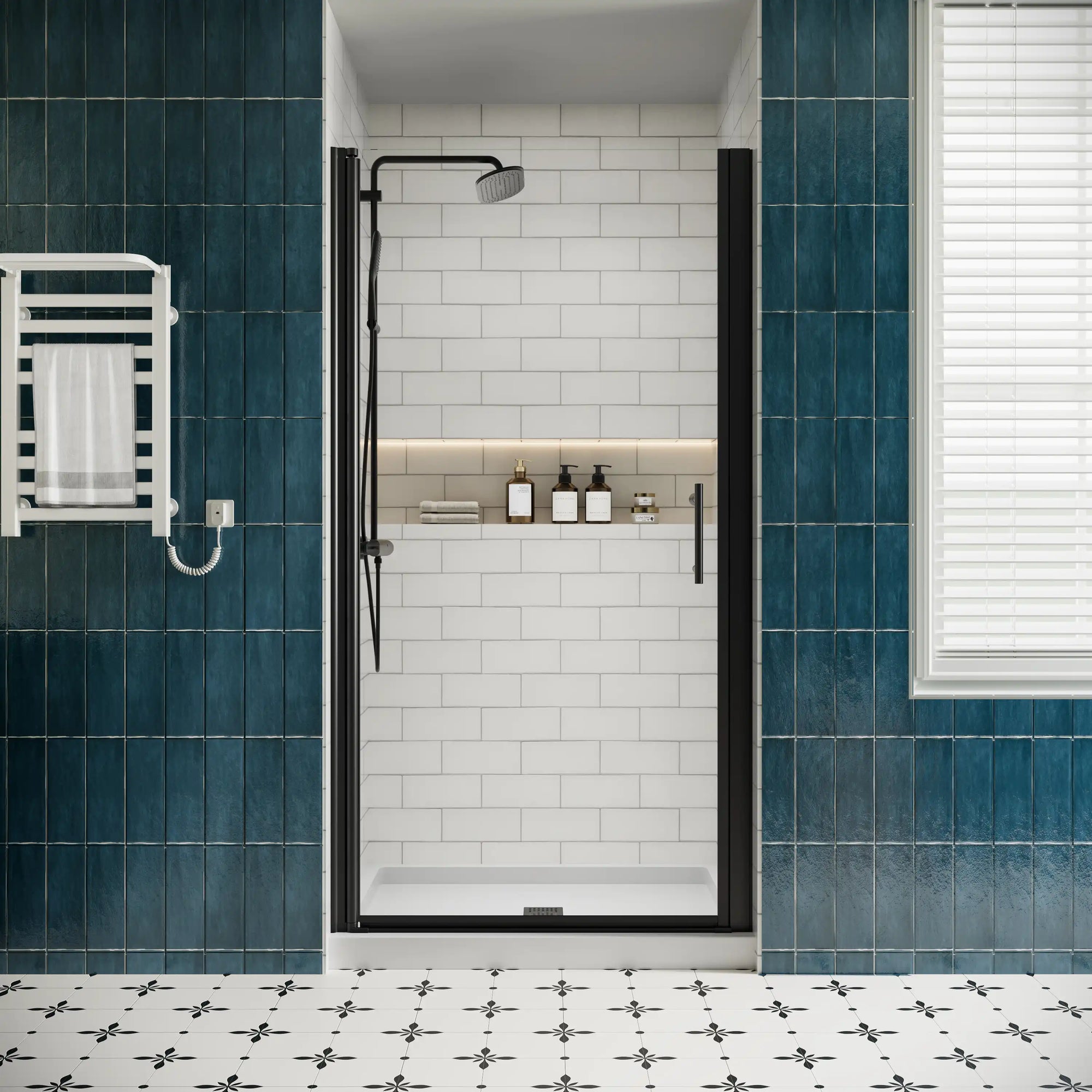 P103 Zerra Semi-Frameless Pivot Shower Door Closed in a Modern Bathroom.