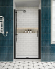 P103 Zerra Semi-Frameless Pivot Shower Door Closed in a Modern Bathroom.