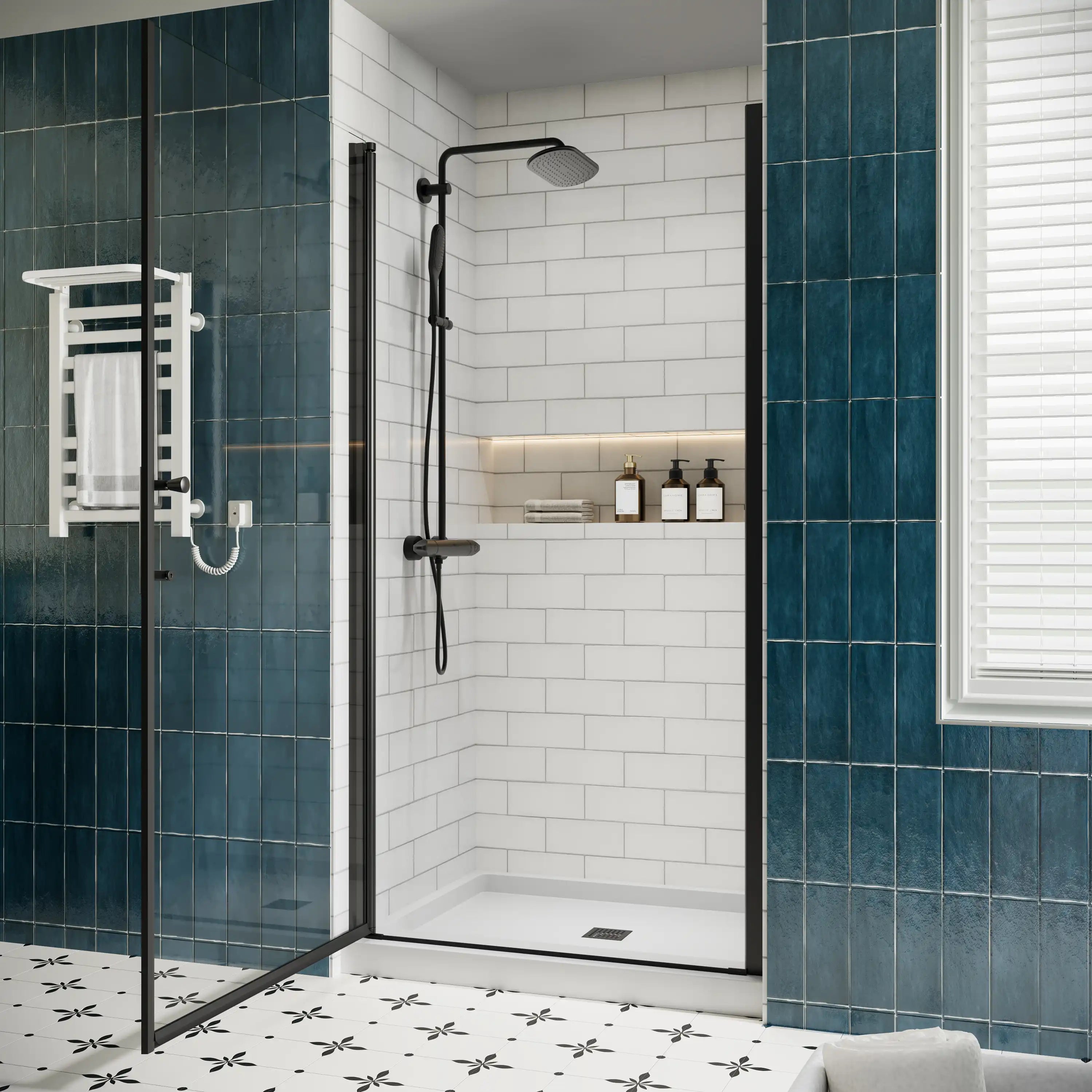 P103 Zerra Semi-Frameless Pivot Shower Door Closed in a Modern Bathroom.