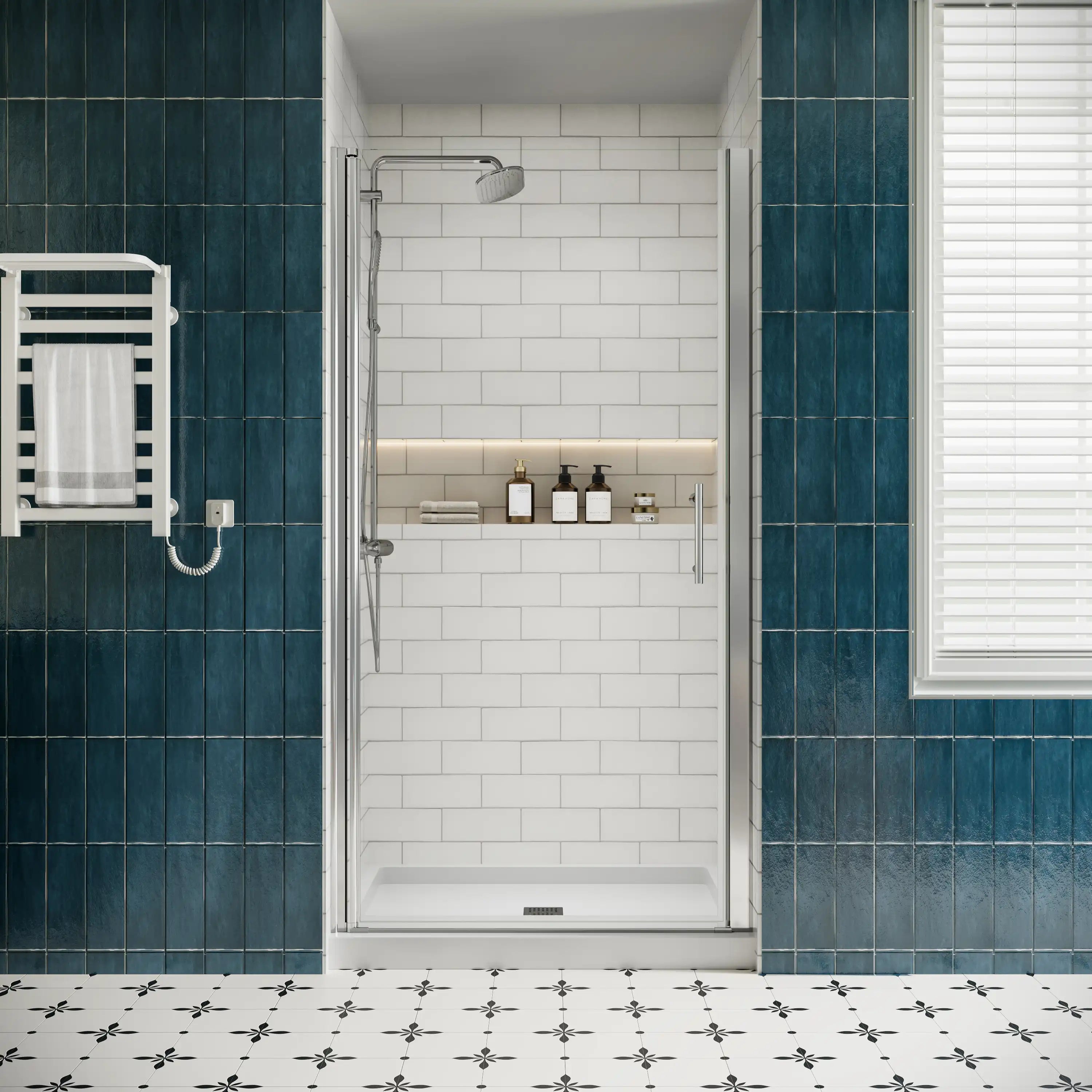 P103 Zerra Semi-Frameless Pivot Shower Door Closed in a Modern Bathroom.
