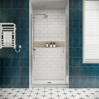 P103 Zerra Semi-Frameless Pivot Shower Door Closed in a Modern Bathroom.