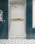 P103 Zerra Semi-Frameless Pivot Shower Door Closed in a Modern Bathroom.