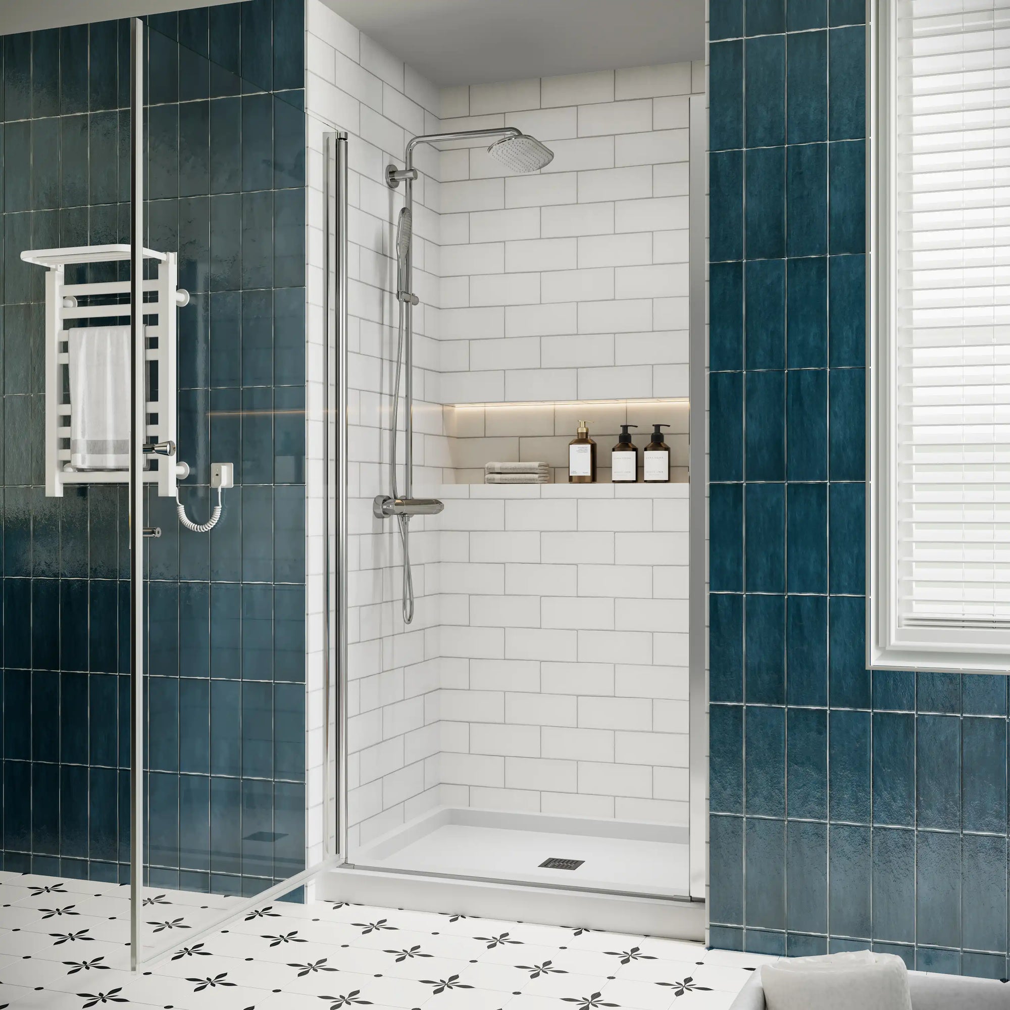 P103 Zerra Semi-Frameless Pivot Shower Door Closed in a Modern Bathroom.