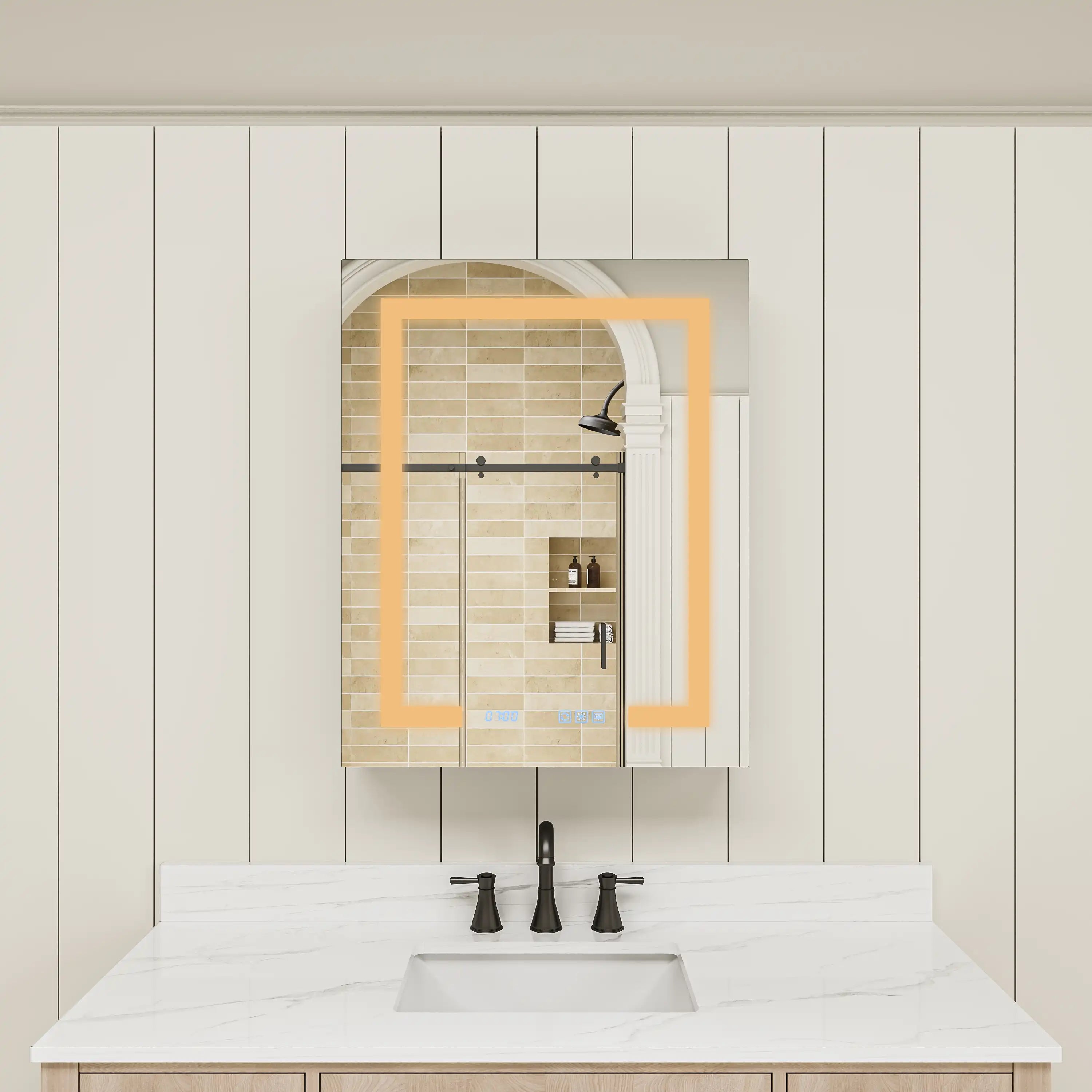 Pro Shower 24x30 LED Medicine Cabinet illuminated with warm light color temperature.