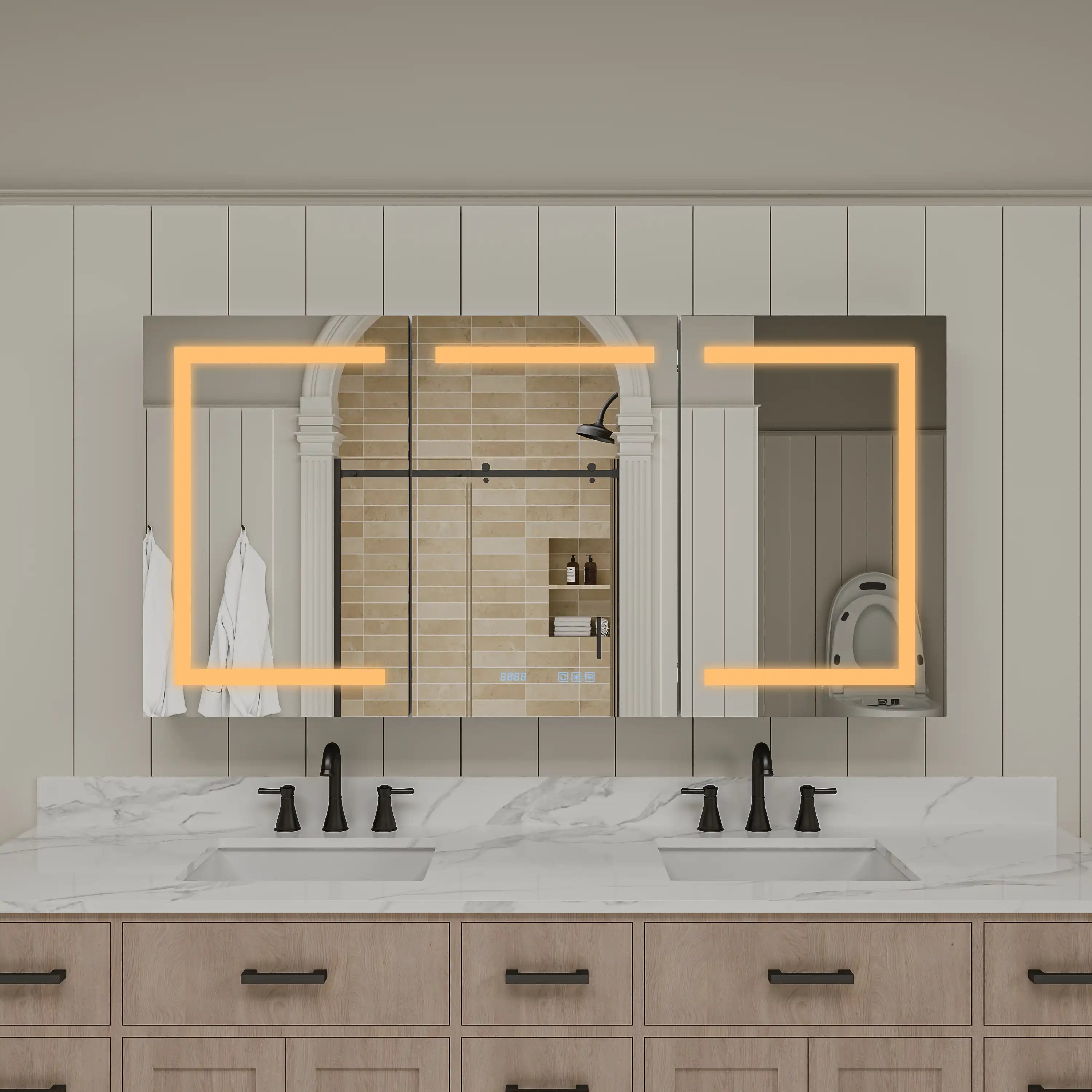 Pro Shower 48x30/60x30 LED Medicine Cabinet illuminated with warm light color temperature.