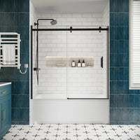 Matte black sliding bathtub door, frameless design, 60 x 58 inches, installed with tempered glass panels in a modern bathroom.