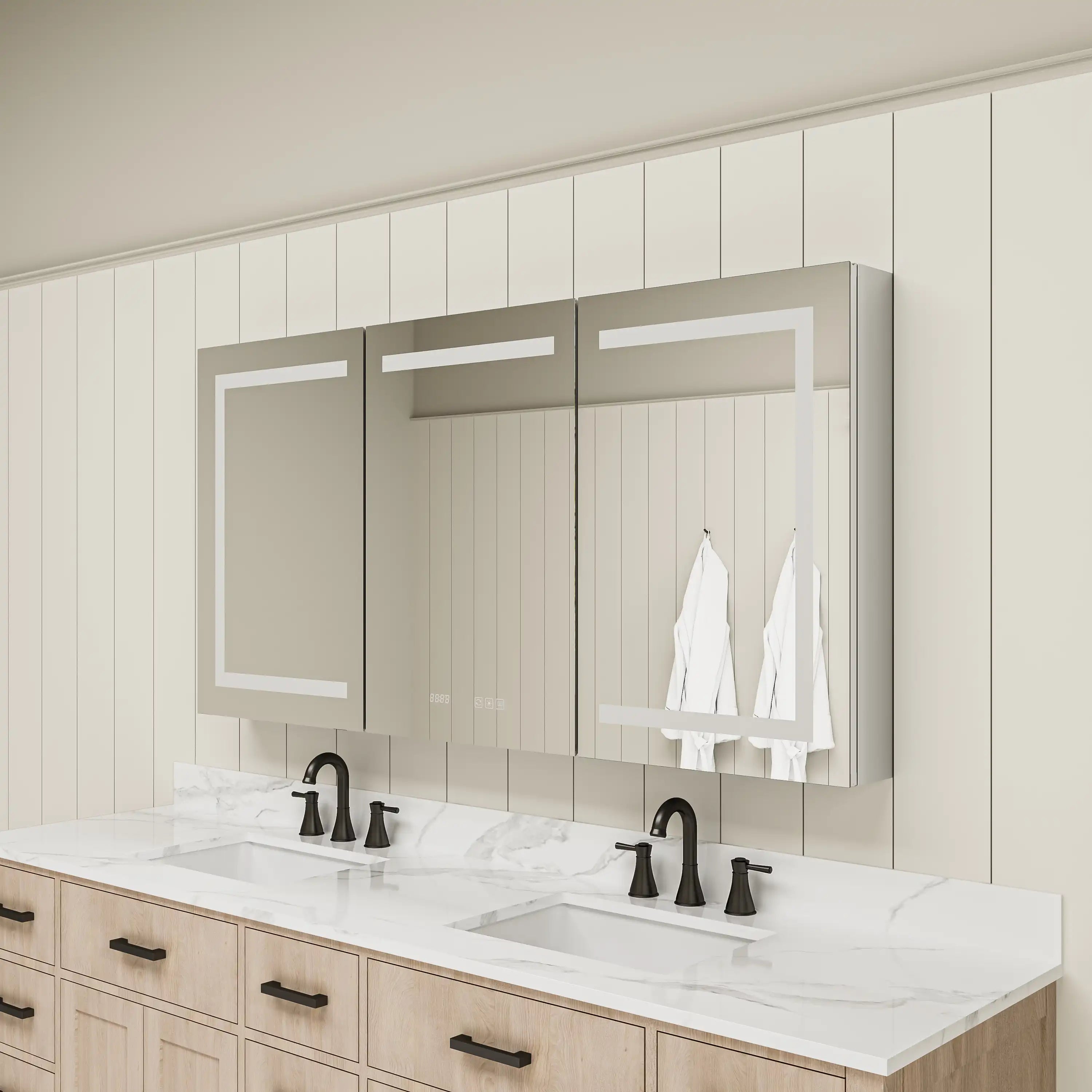 Side view of wall-mounted Pro Shower 48x30/60x30 Rectangular LED Medicine Cabinet.