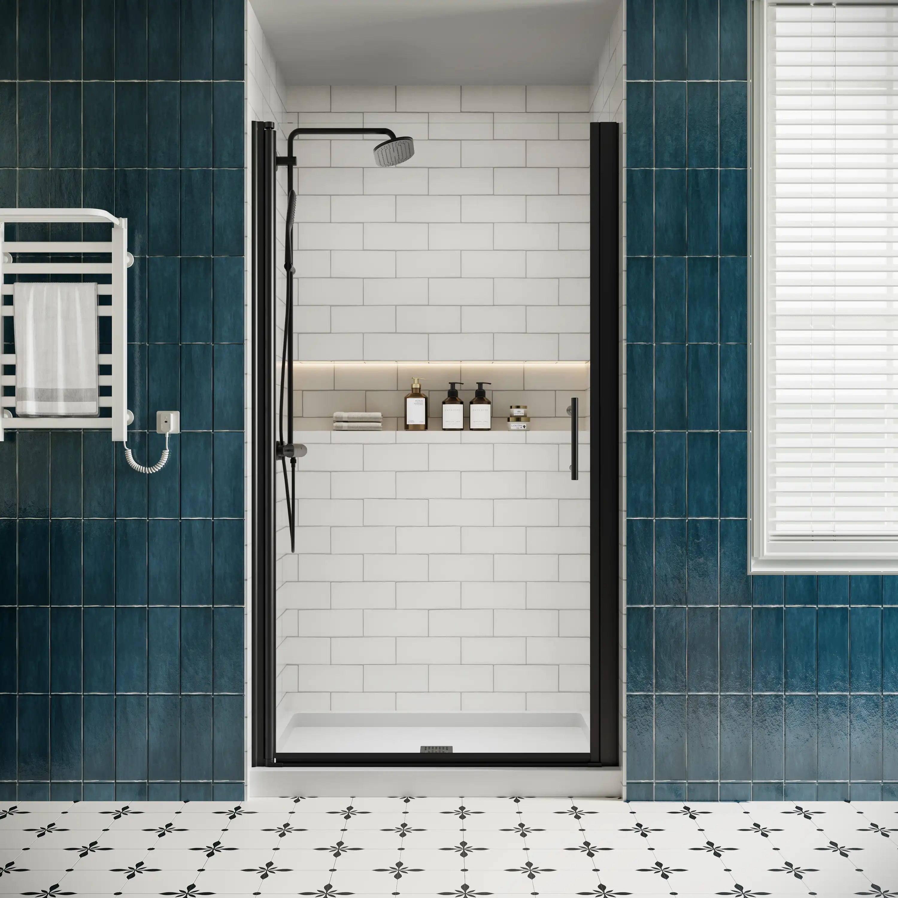 P103 Zerra Semi-Frameless Pivot Shower Door Closed in a Modern Bathroom.