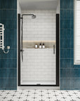 P103 Zerra Semi-Frameless Pivot Shower Door Closed in a Modern Bathroom.