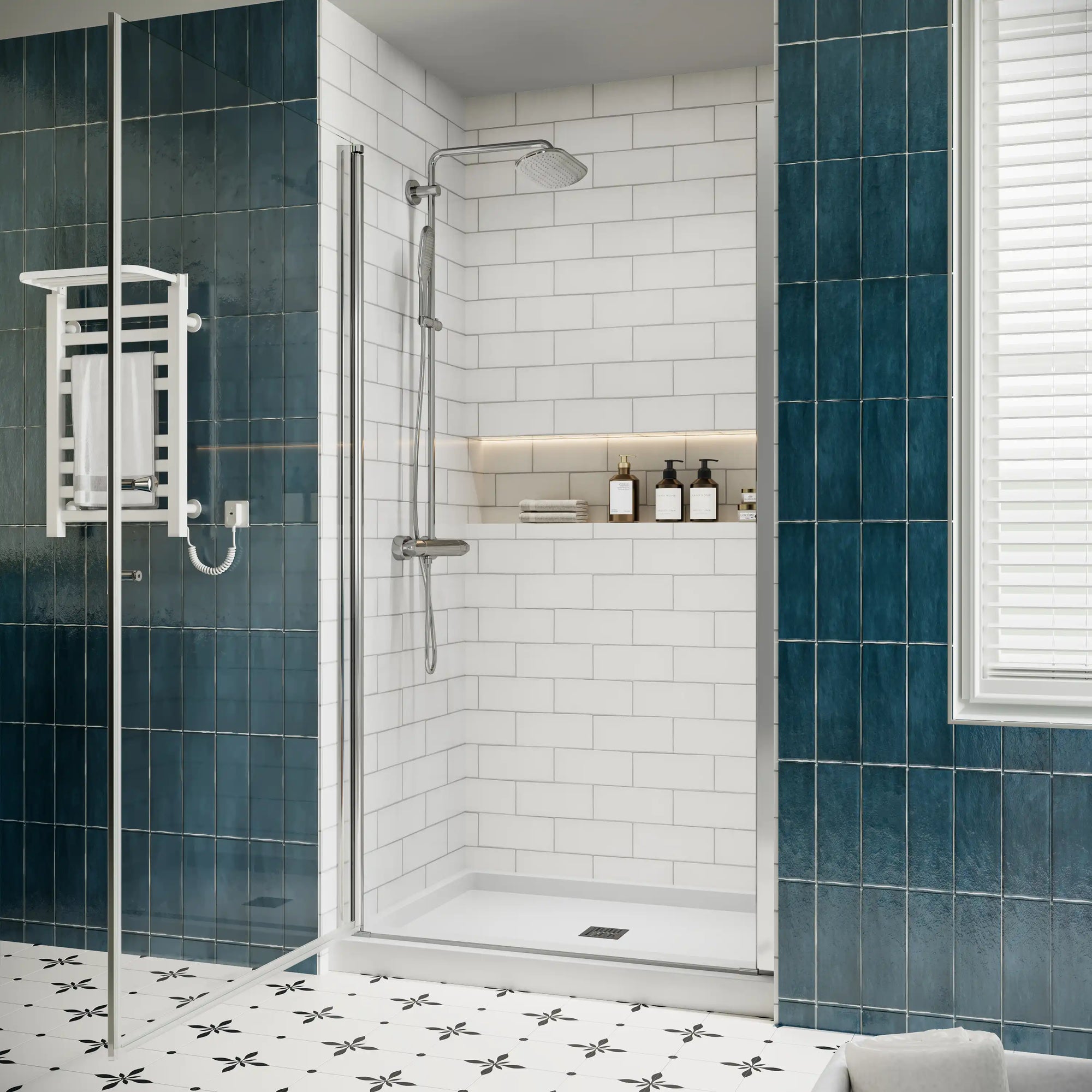 Model dimensions of 36x72 semi-frameless pivot shower door with height, width, and entry measurements.