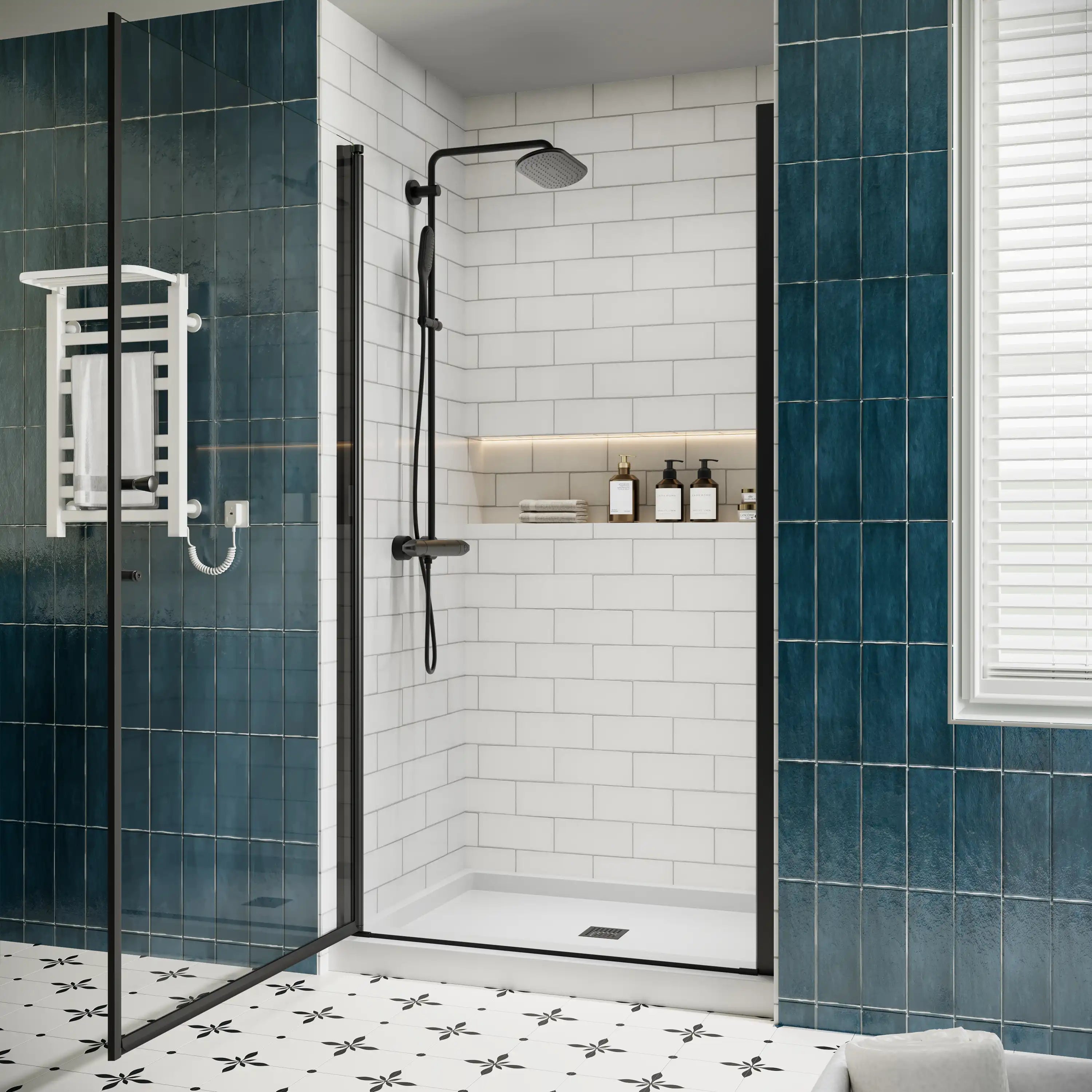 P103 Zerra Semi-Frameless Pivot Shower Door Closed in a Modern Bathroom.