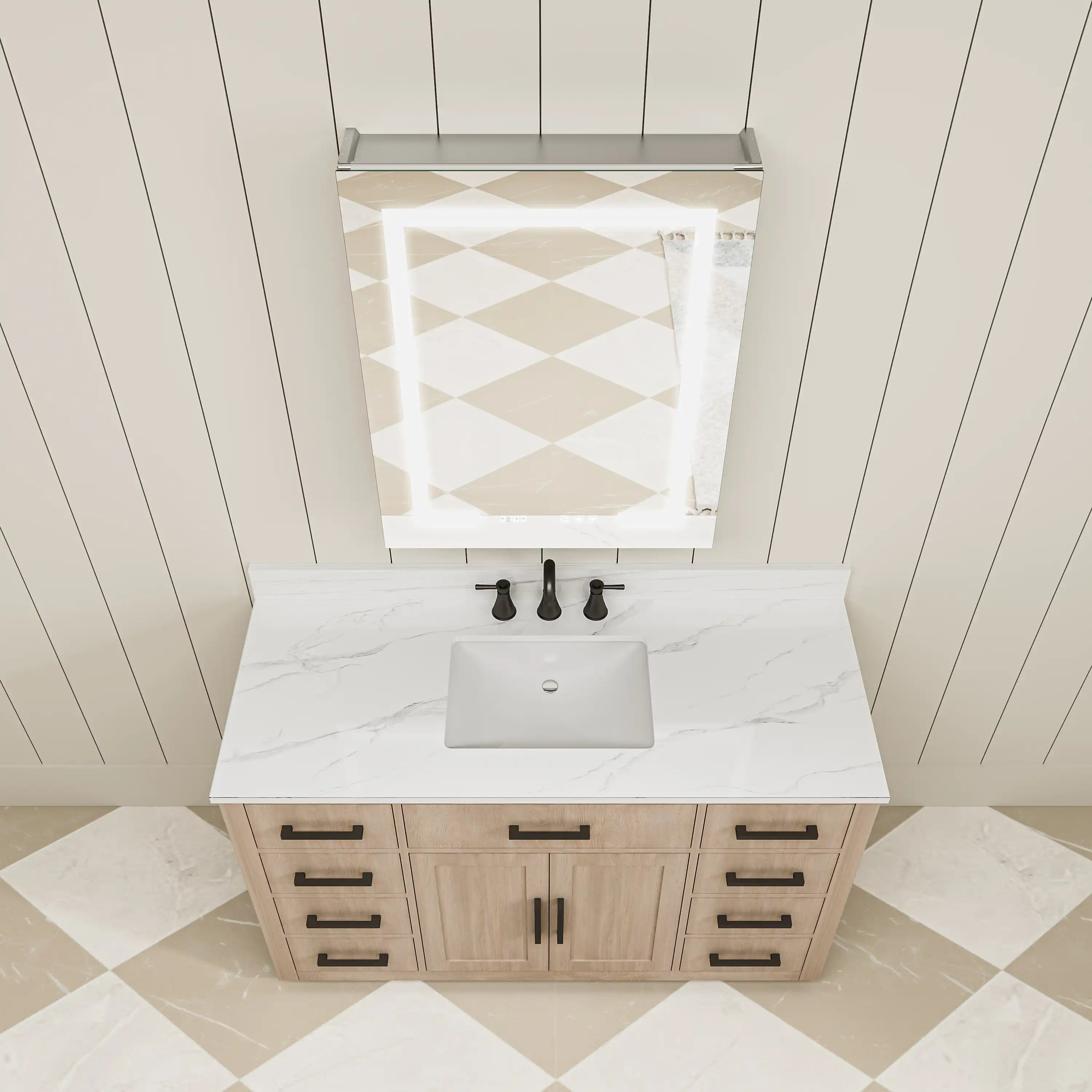 Top view of Pro Shower 24x30 Rectangular LED Medicine Cabinet installed above bathroom vanity.