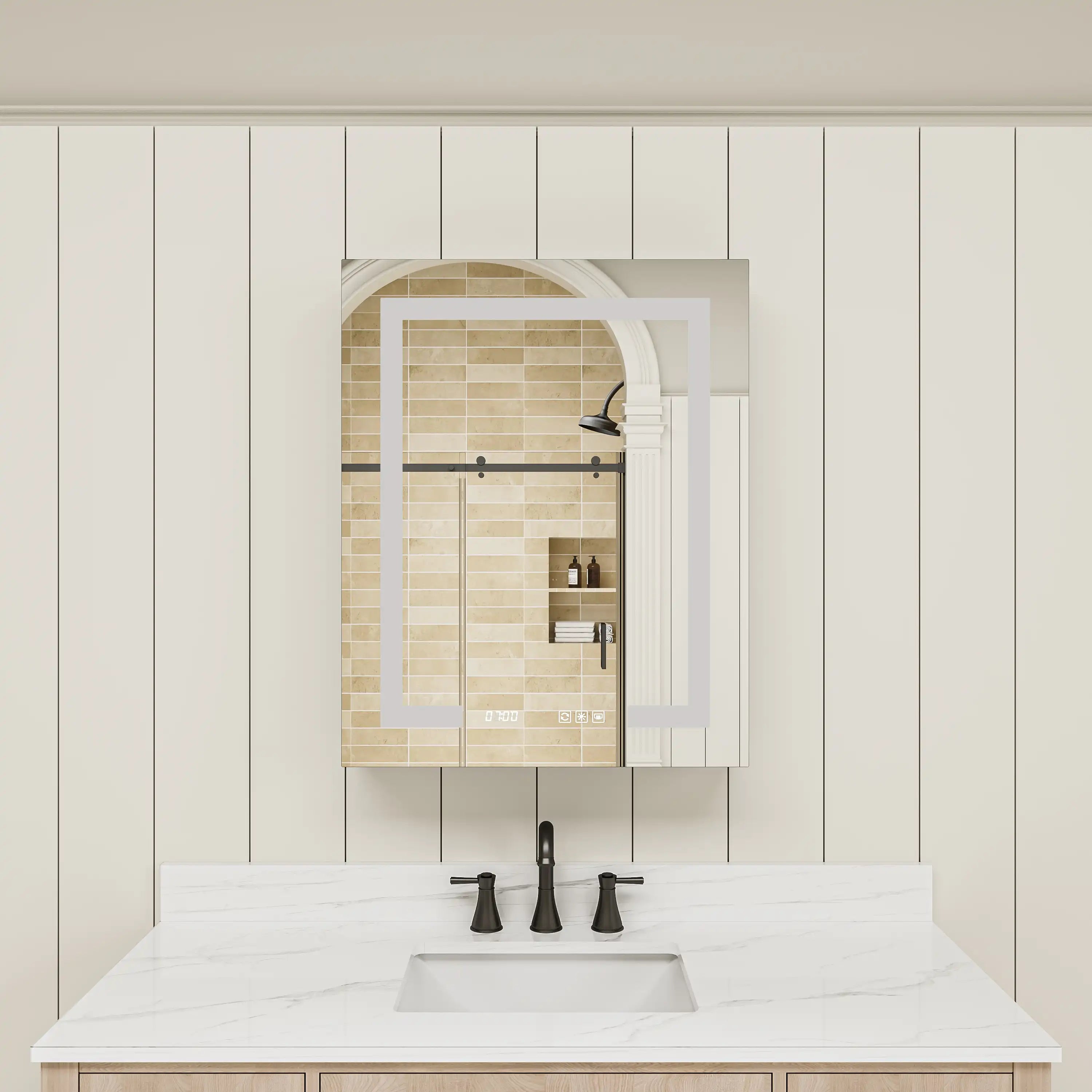Pro Shower 24x30 LED Medicine Cabinet with lights turned off in bathroom setting.