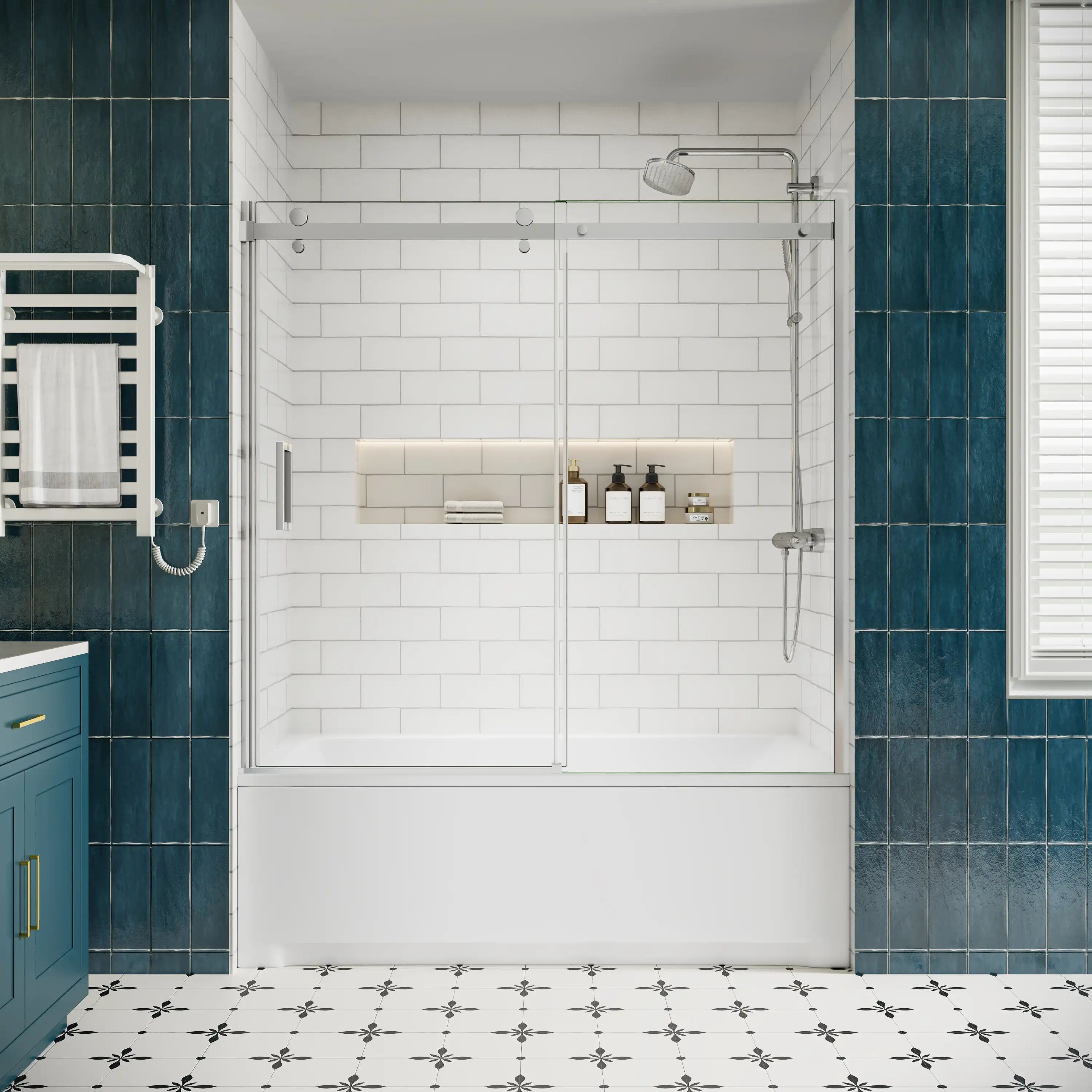 Front view of bathtub sliding glass doors frameless, chrome finish, size 60 x 58 inches | Ace Decor