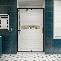 Bathroom installation front view of 42 in matte black pivot shower doors.