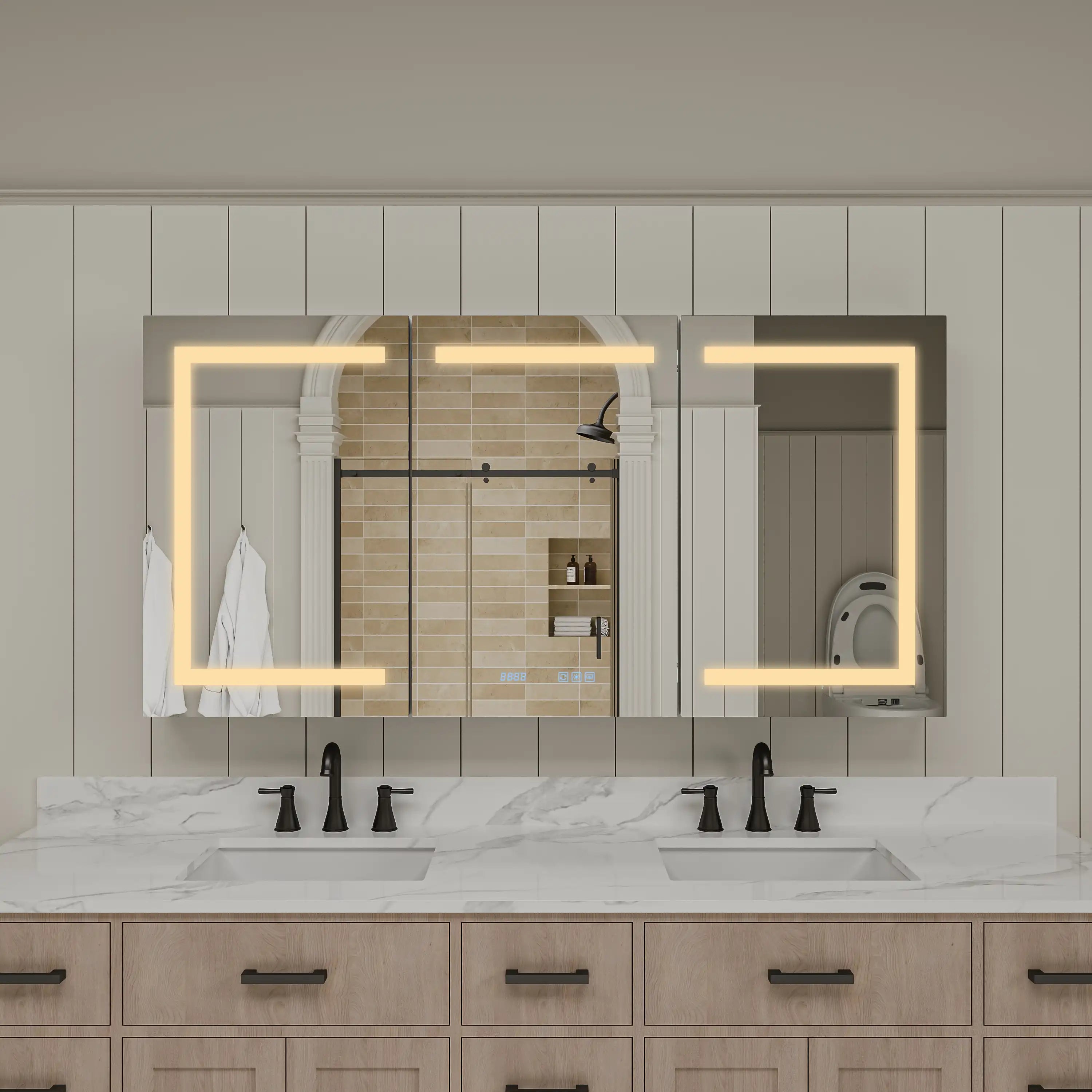 Pro Shower 48x30/60x30 LED Medicine Cabinet with neutral LED lighting turned on.