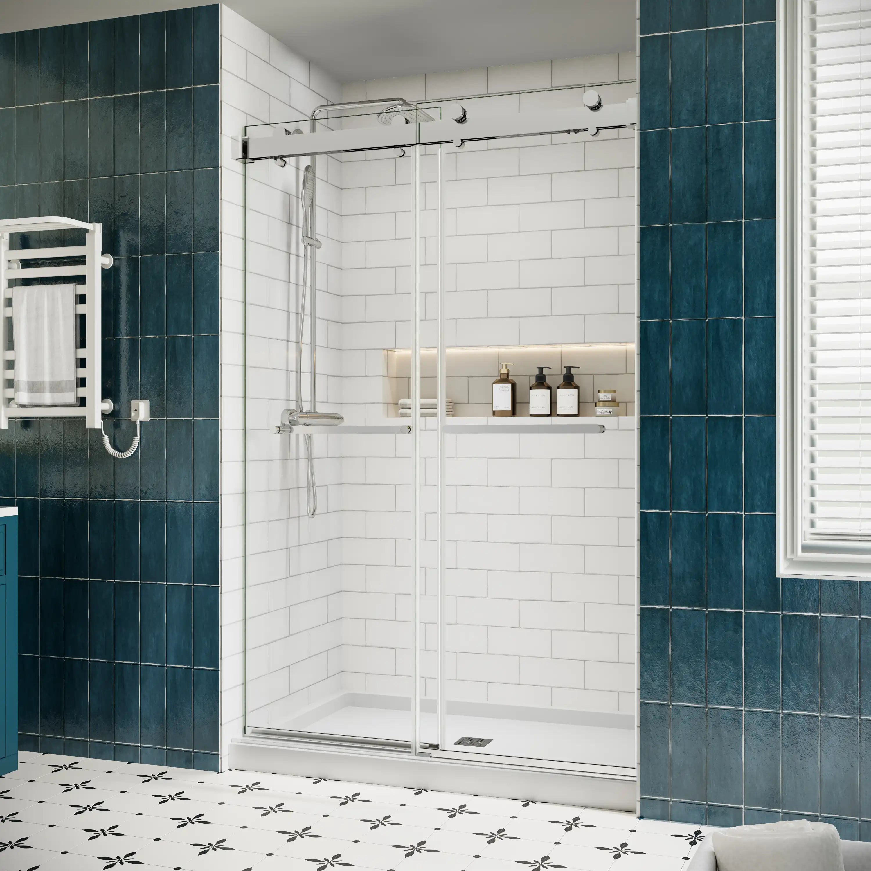 Side view of 48 x 76 chrome 48 inch sliding shower doors with frameless modern design in a tiled bathroom | Ace Decor