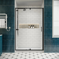 Pivot shower door front view, size 48 x 71 in a modern bathroom.