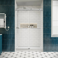 Front view of 48 x 76 brushed nickel 48 in sliding shower door with frameless modern design and double towel bars | Ace Decor