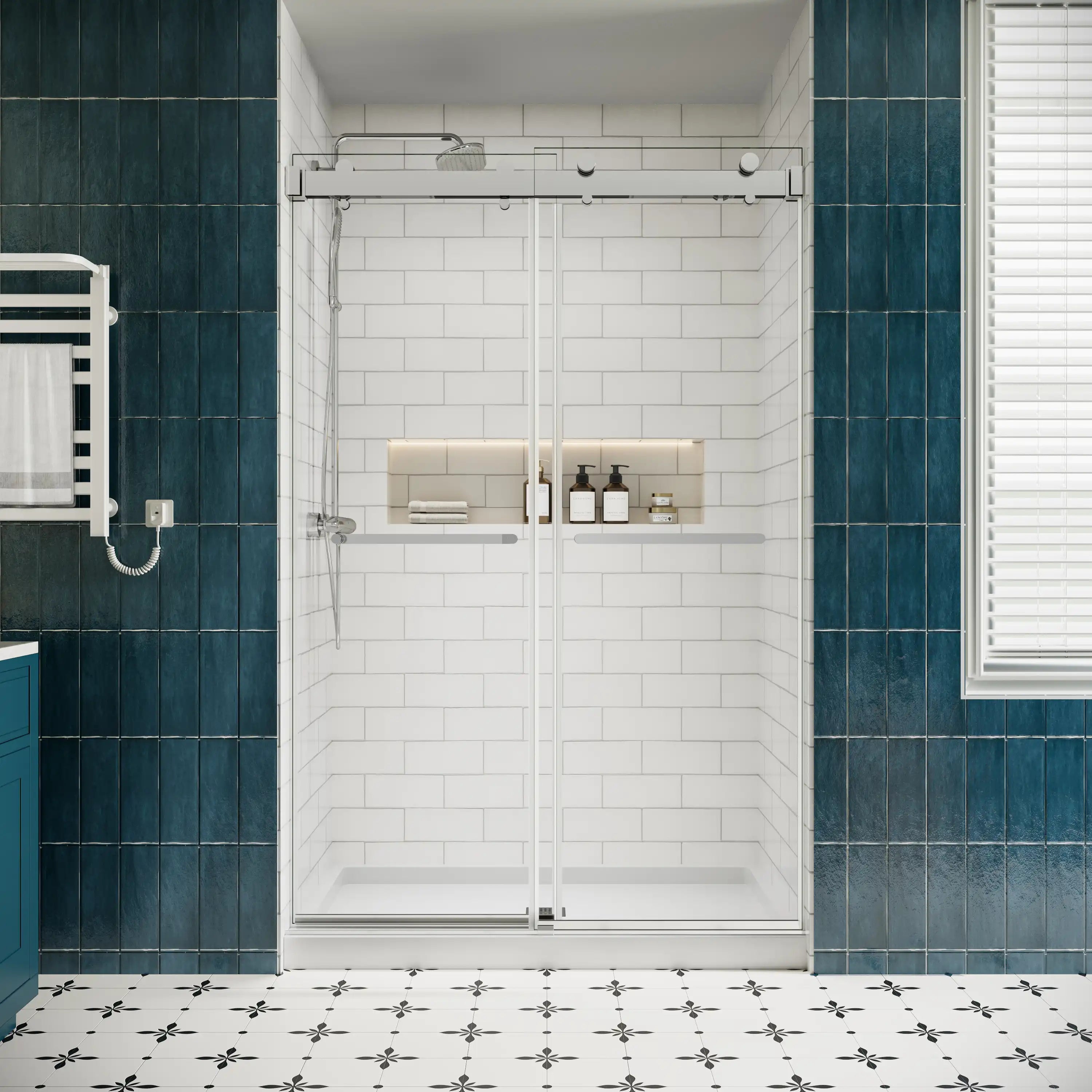 Front view of 48 x 76 chrome 48 inch sliding shower doors with frameless modern design in a tiled bathroom | Ace Decor