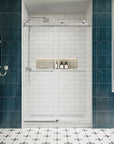 Front view of 48 x 76 chrome 48 inch sliding shower doors with frameless modern design in a tiled bathroom | Ace Decor