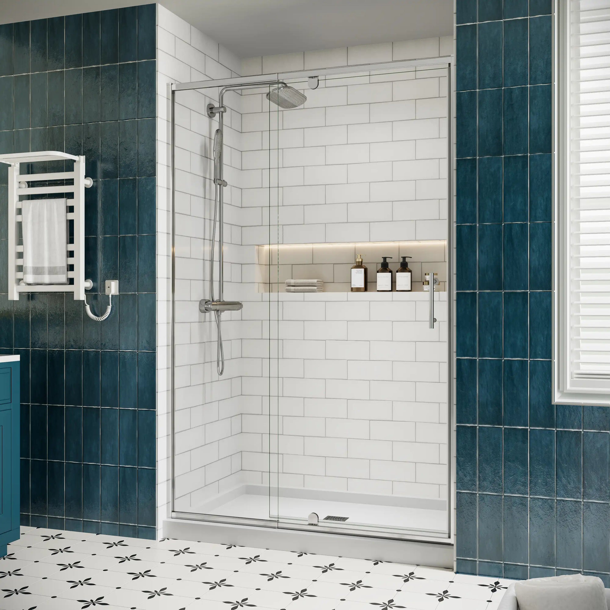 Side view of framed 48 pivot shower door, size 48 x 71, installed in a modern tiled bathroom | Ace Decor