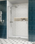 Side view of framed 48 pivot shower door, size 48 x 71, installed in a modern tiled bathroom | Ace Decor
