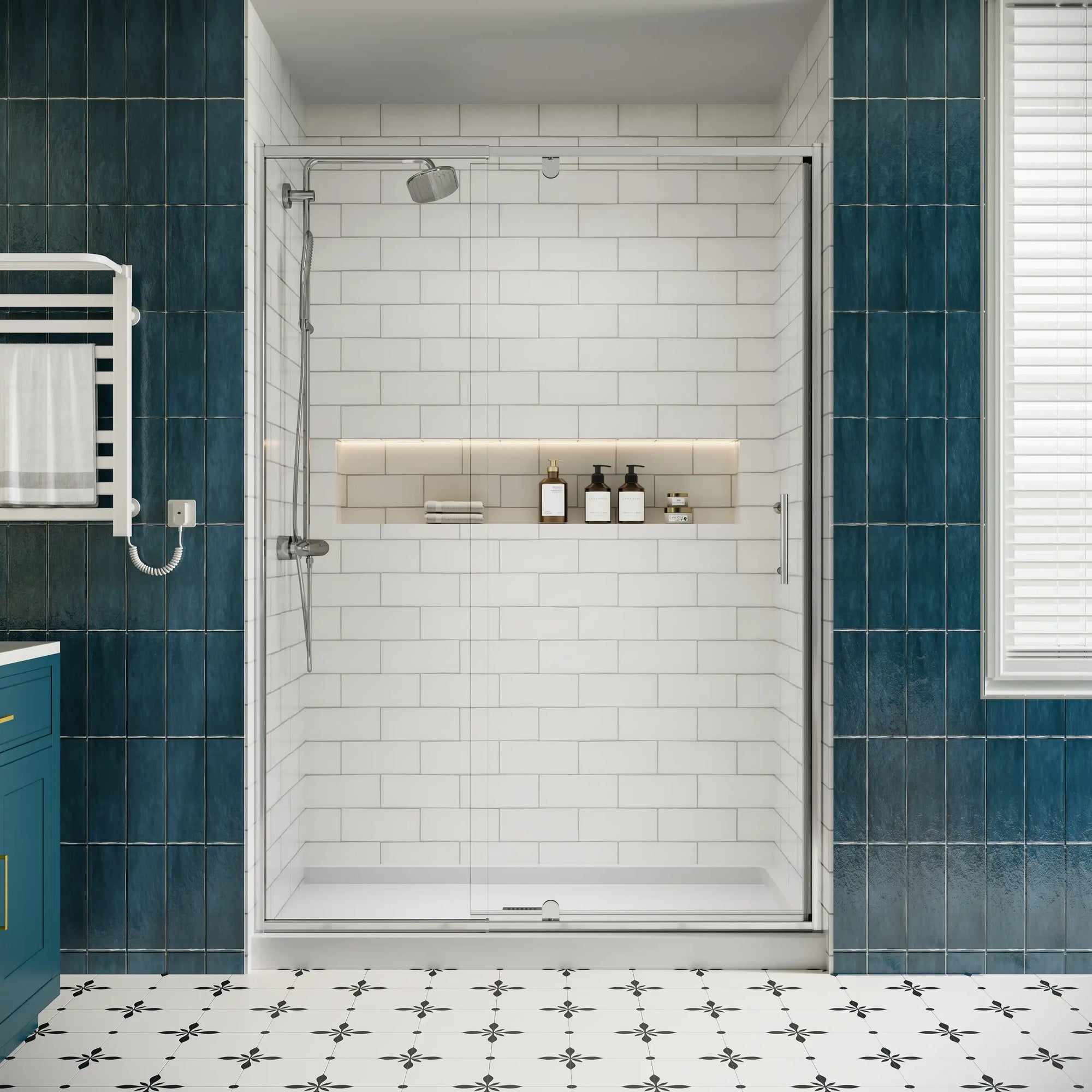 Front view of framed pivot shower doors, watertight shower enclosures size 54 x 71 | Ace Decor