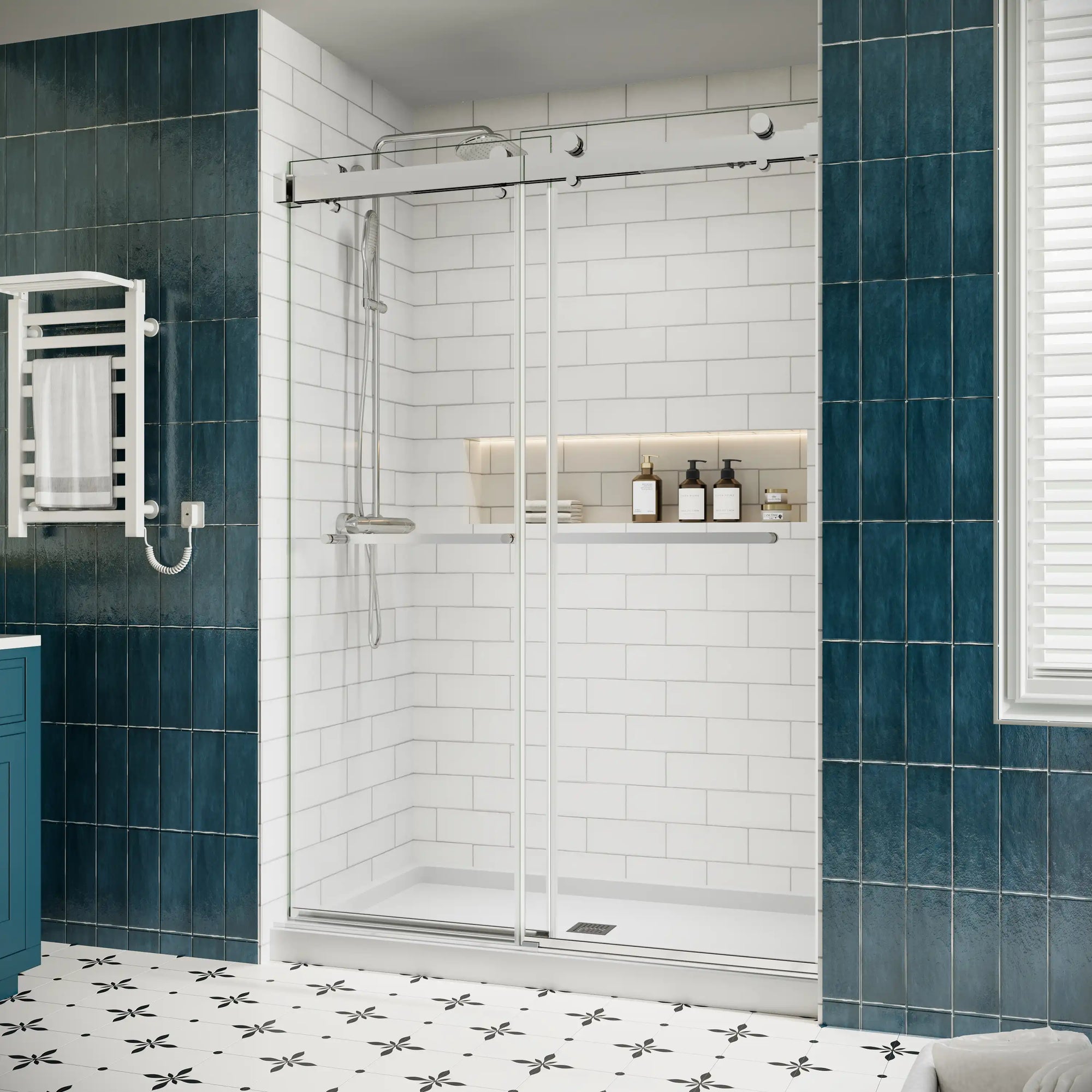 Side view of 54 x 76 chrome 50-54 sliding shower doors with frameless design and dual towel bar handles in a modern white subway tile bathroom | Ace Decor
