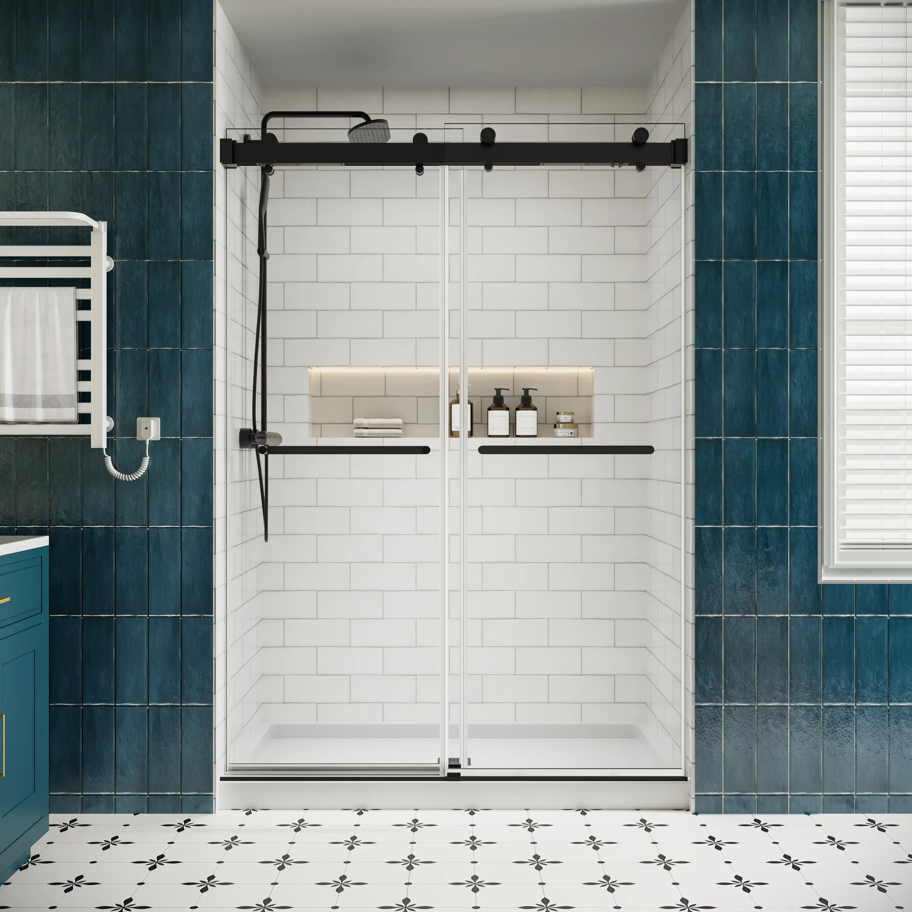 Front view of double sliding glass shower doors in matte black finish, 54 x 76 inches, installed in a modern bathroom | Ace Decor