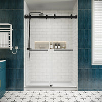 Front view of double sliding glass shower doors in matte black finish, 54 x 76 inches, installed in a modern bathroom | Ace Decor