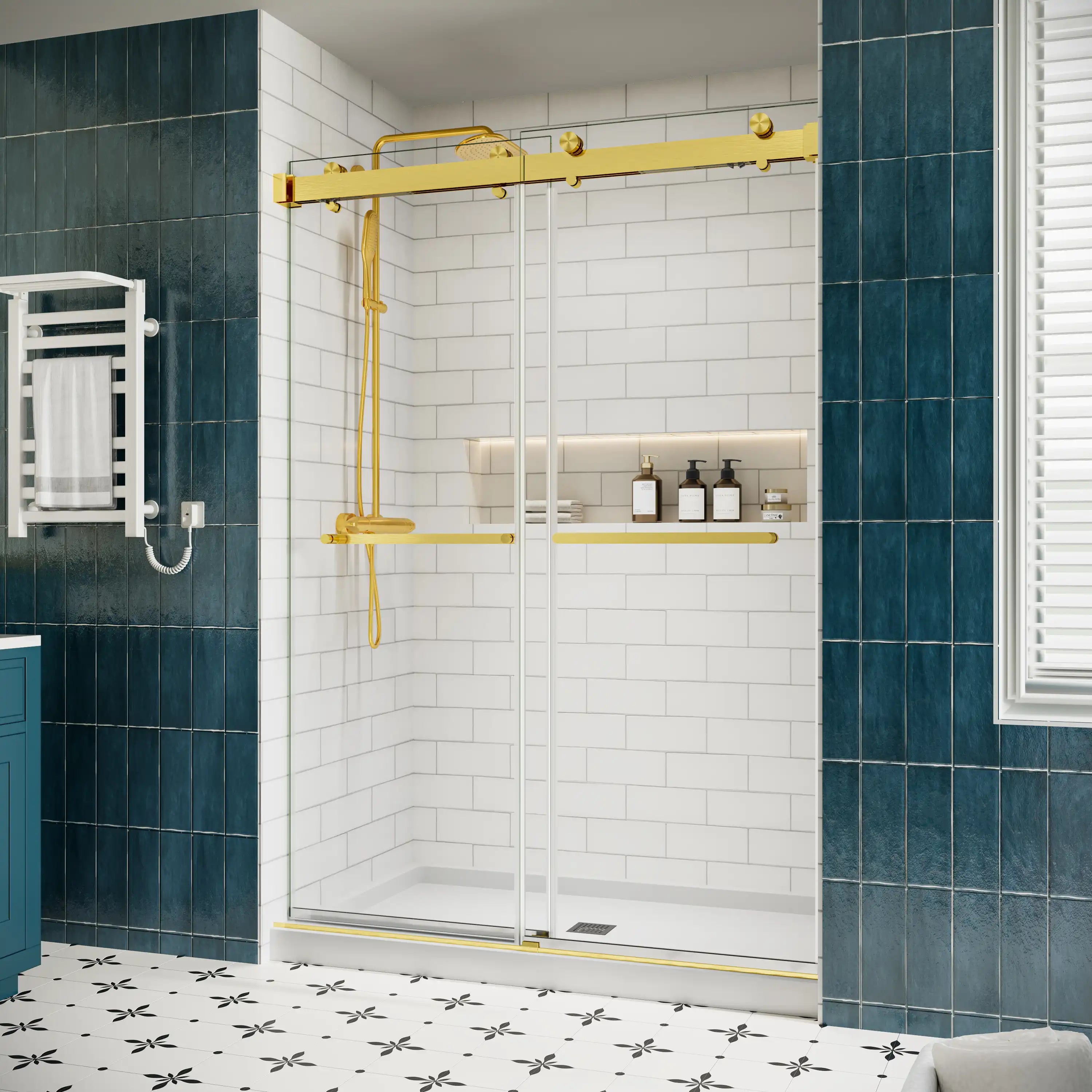 54 x 76 frameless double sliding shower doors side view in brushed gold finish showing modern bathroom installation | Ace Decor
