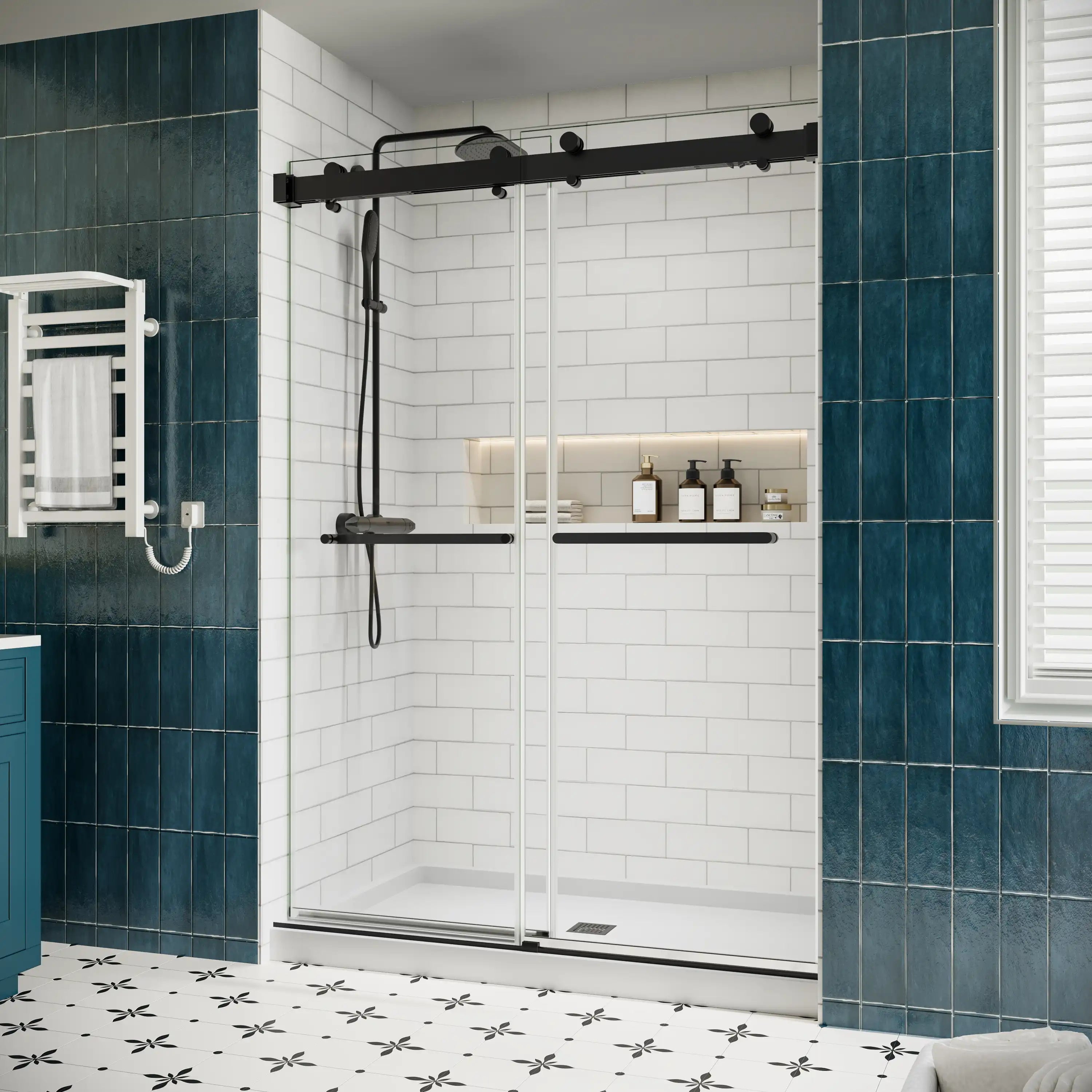 Side view of double sliding glass shower doors in matte black finish, 54 x 76 inches, showcasing sleek frameless design | Ace Decor