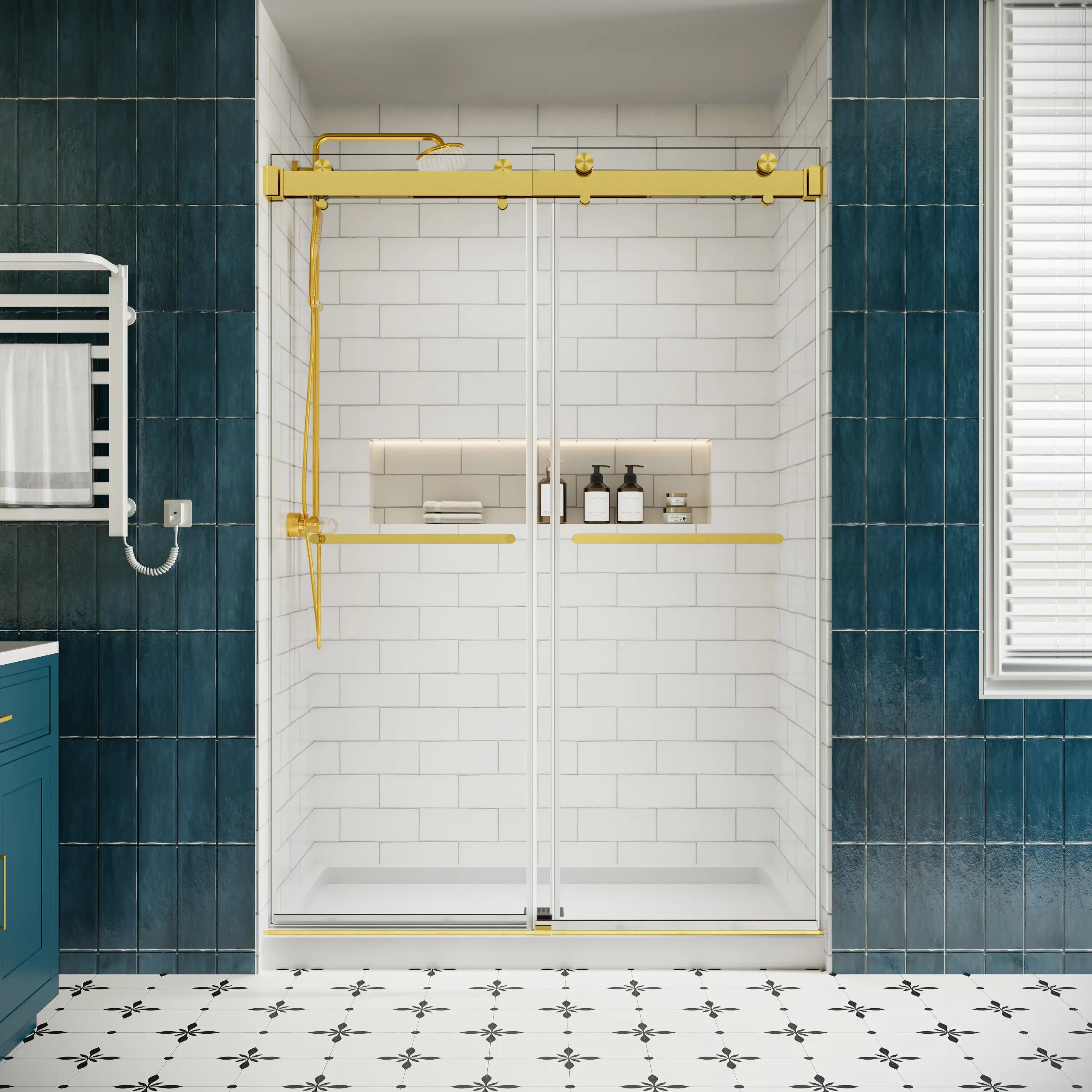 54 x 76 frameless double sliding shower doors front view in brushed gold finish showcasing modern minimalist bathroom style | Ace Decor