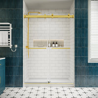 54 x 76 frameless double sliding shower doors front view in brushed gold finish showcasing modern minimalist bathroom style | Ace Decor